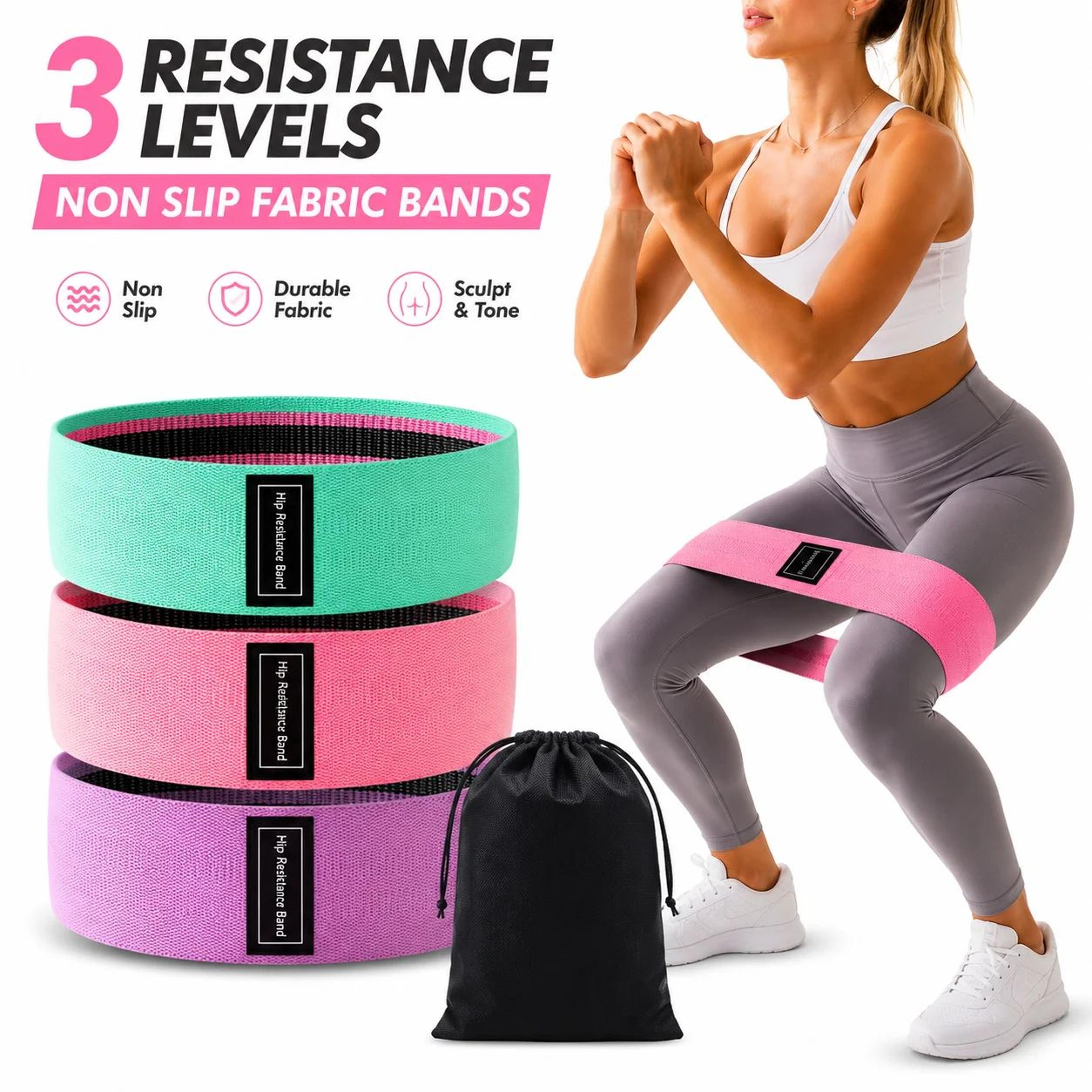 3pcs fabric resistance bands set – non-slip exercise bands for glutes, legs & home fitness