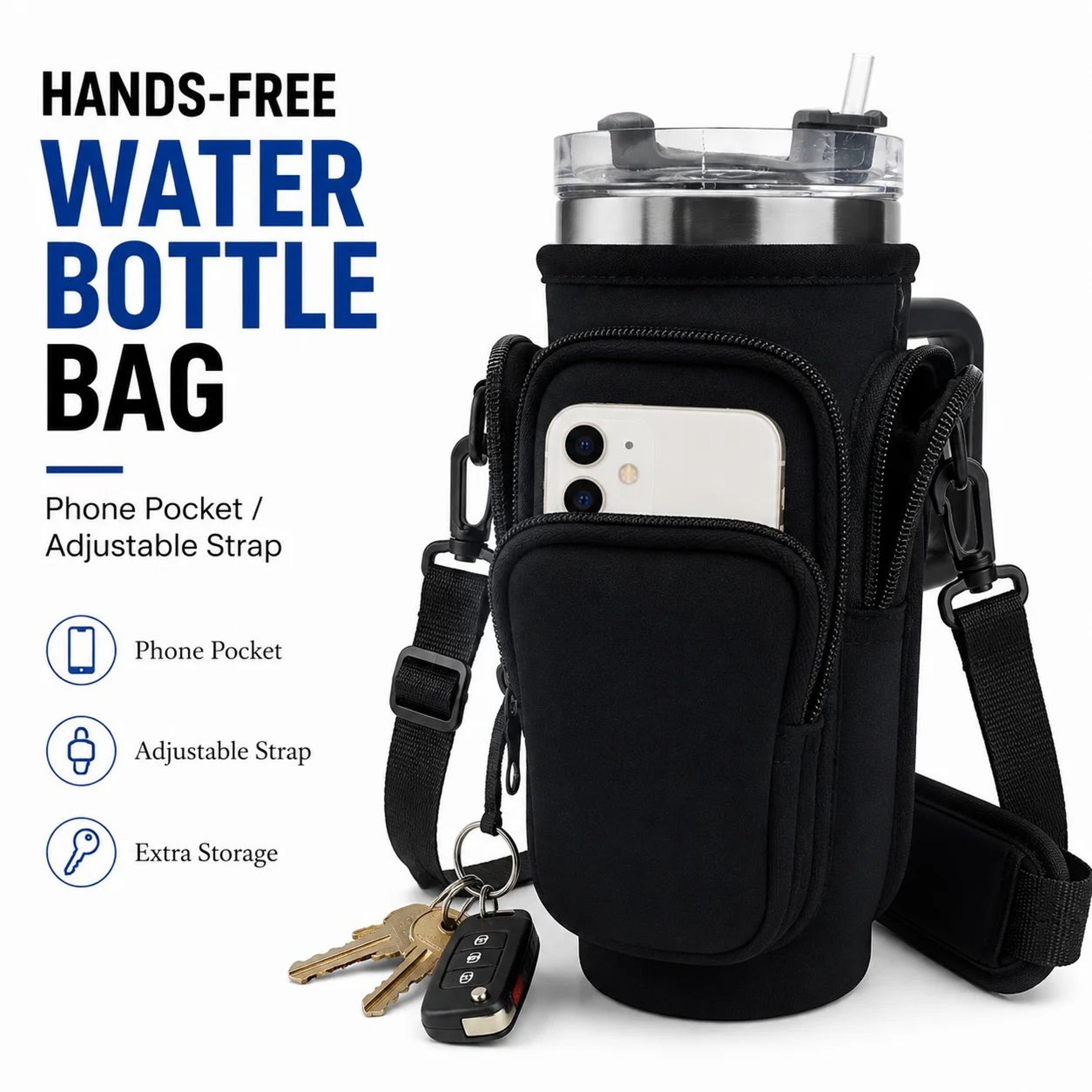 water bottle carrier bag with phone pocket & adjustable strap for stanley 40 oz tumbler