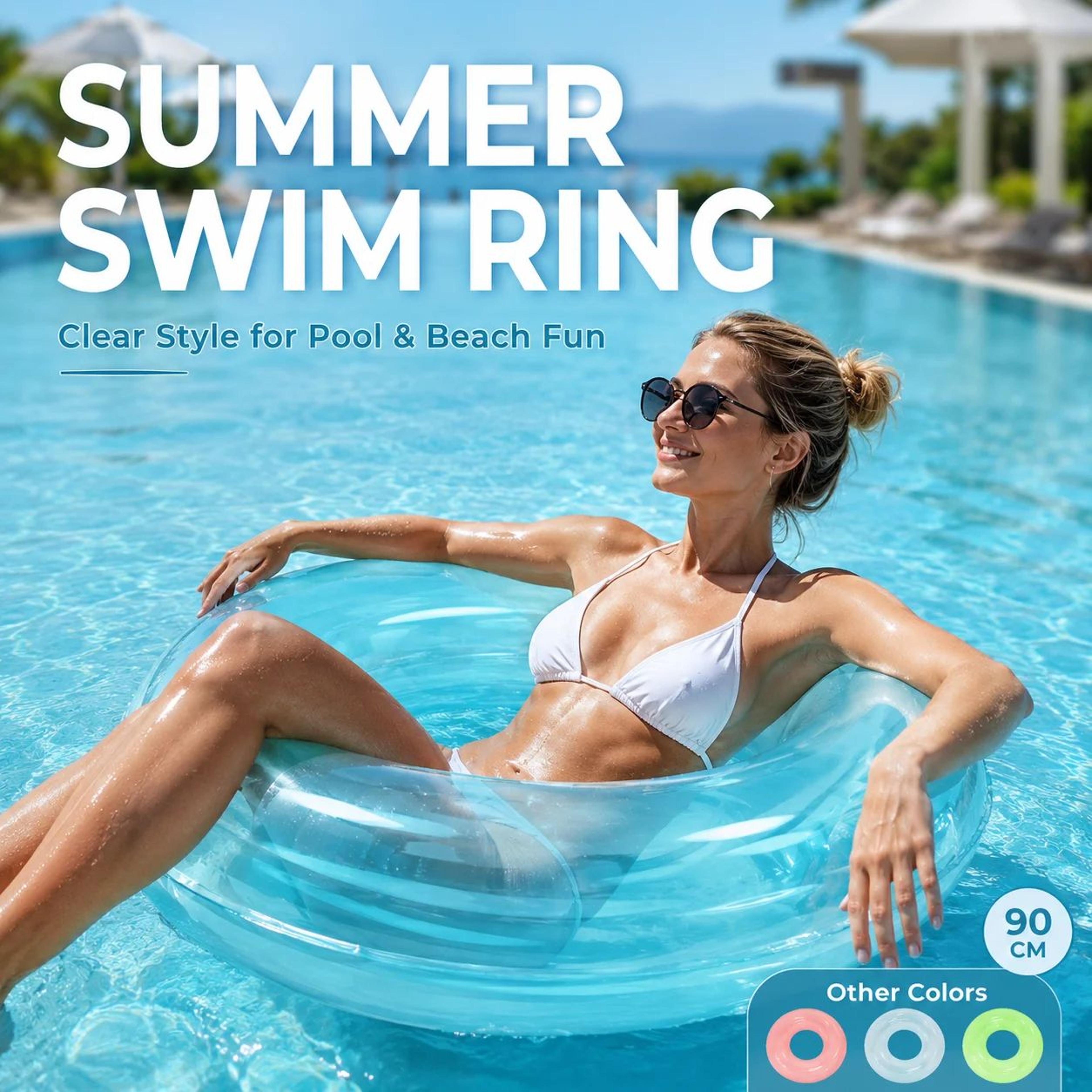 transparent inflatable swim ring pool float – adult pvc beach tube with handles & glitter, 35.4/39.4 in