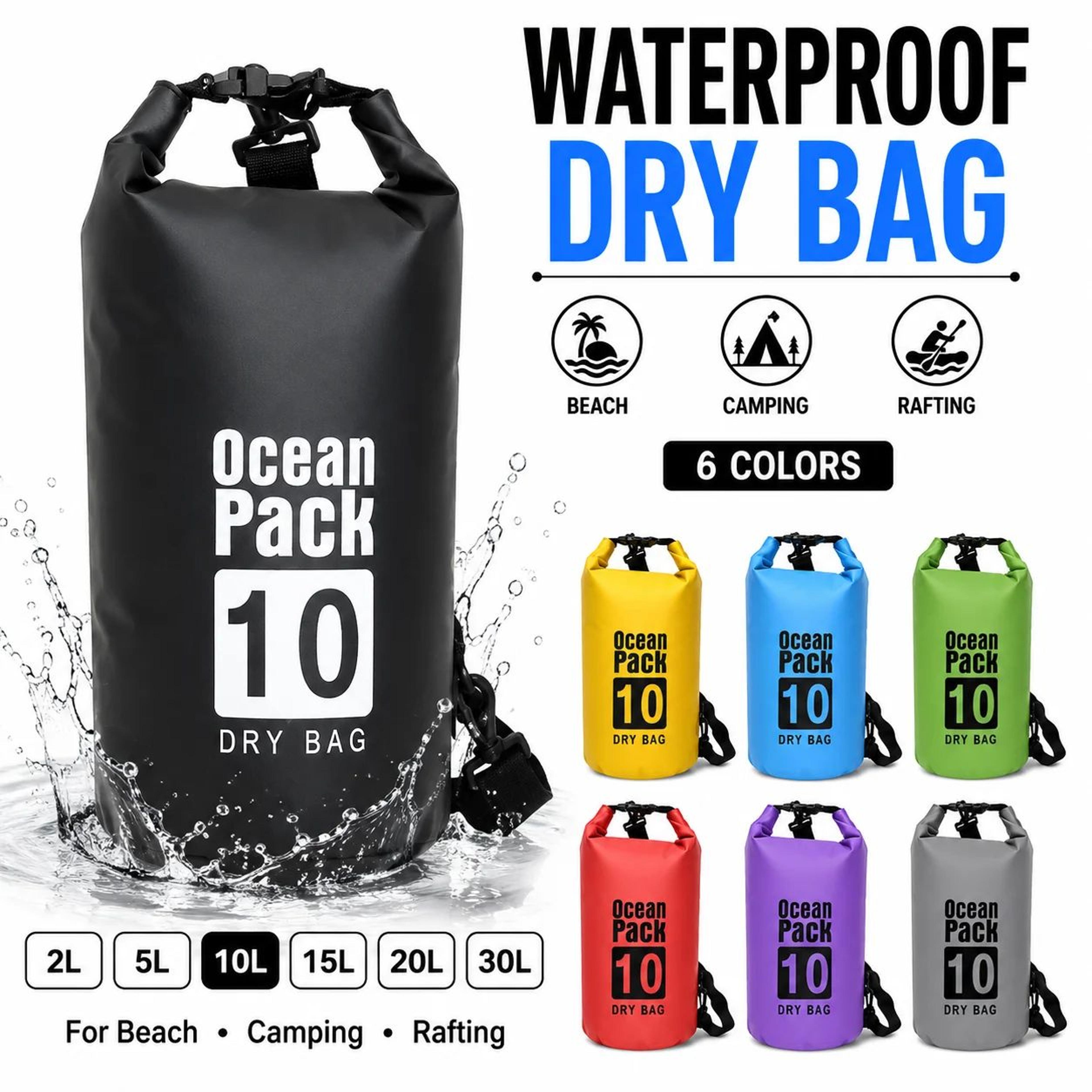 pvc waterproof dry bag – 10l/20l/30l floating roll-top storage sack for kayaking, camping, swimming & travel