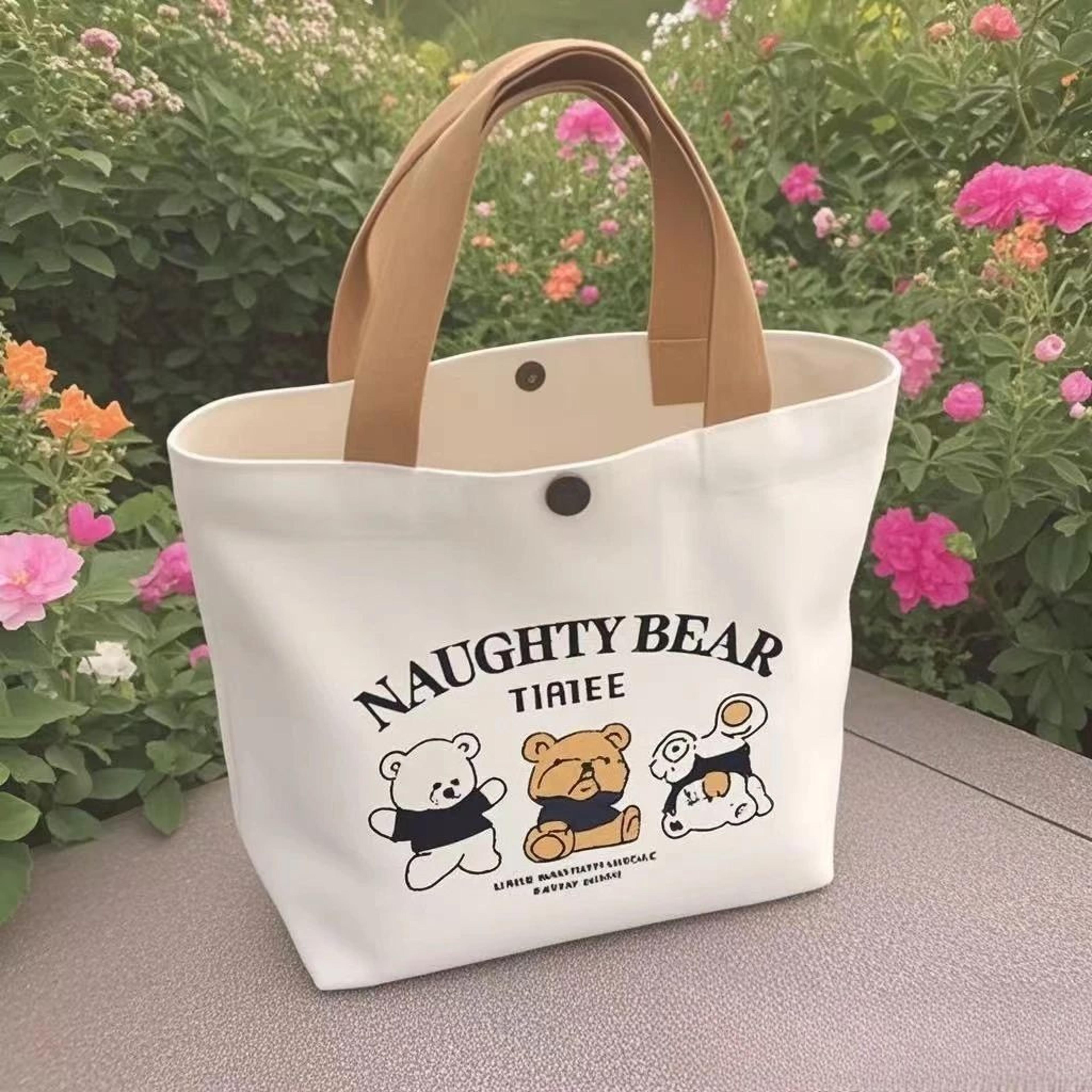 cute little bear canvas tote bag – printed handbag, portable lunch bag, student shoulder bag & office carry tote
