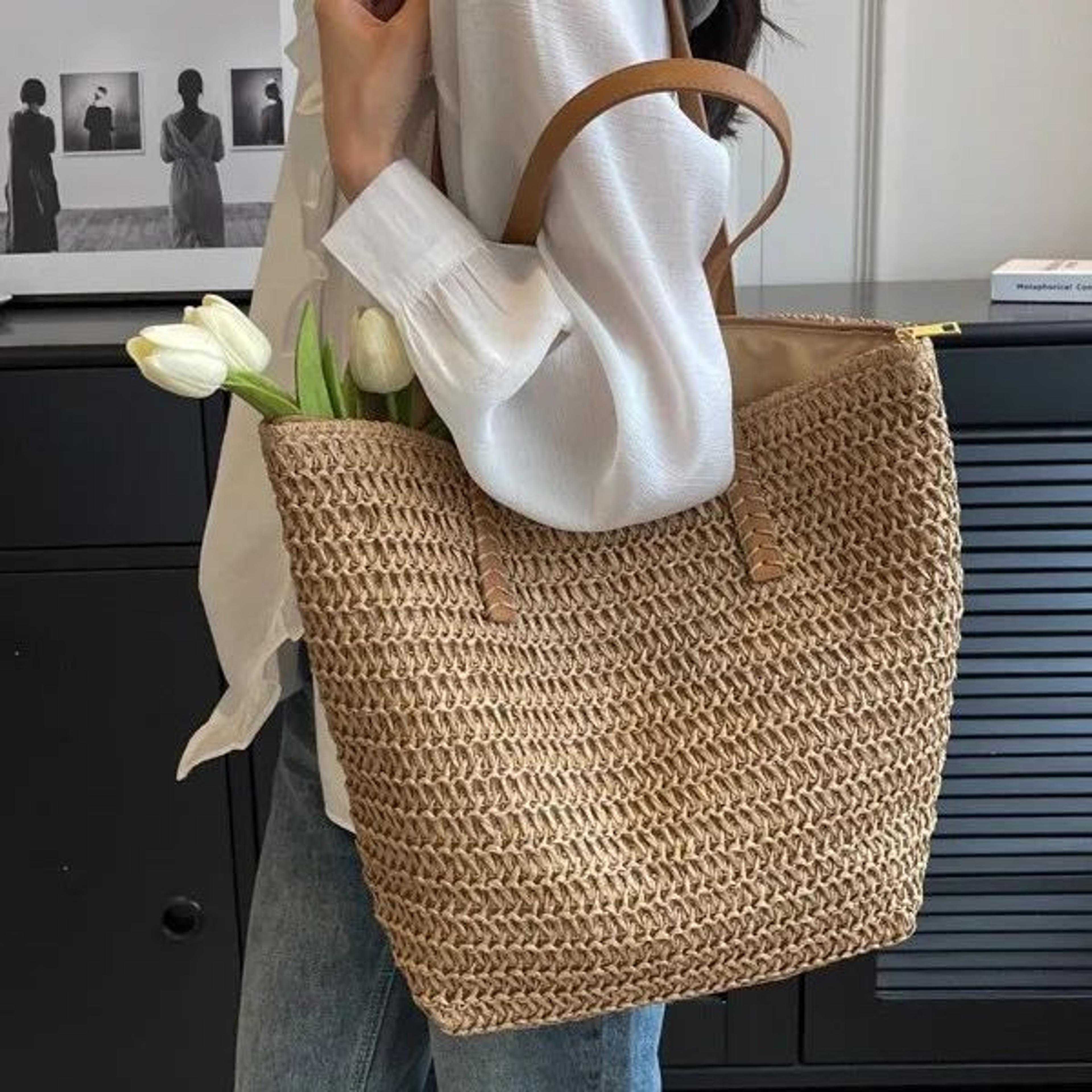 summer straw woven tote bag – beach vacation shoulder bag, casual commuter handbag for women