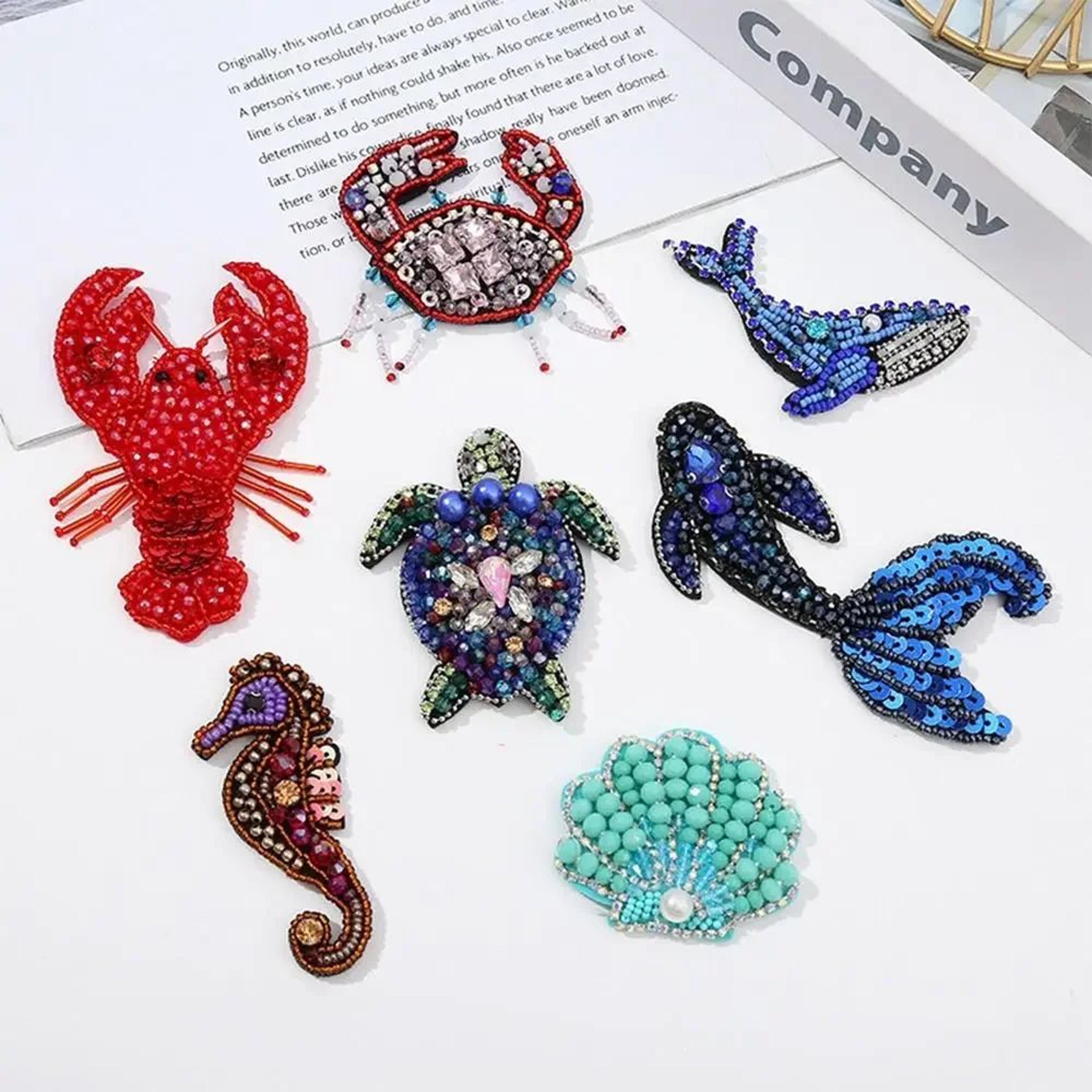 3d marine animal beaded sew-on patches – handmade rhinestone appliques for diy clothing, bags & crafts