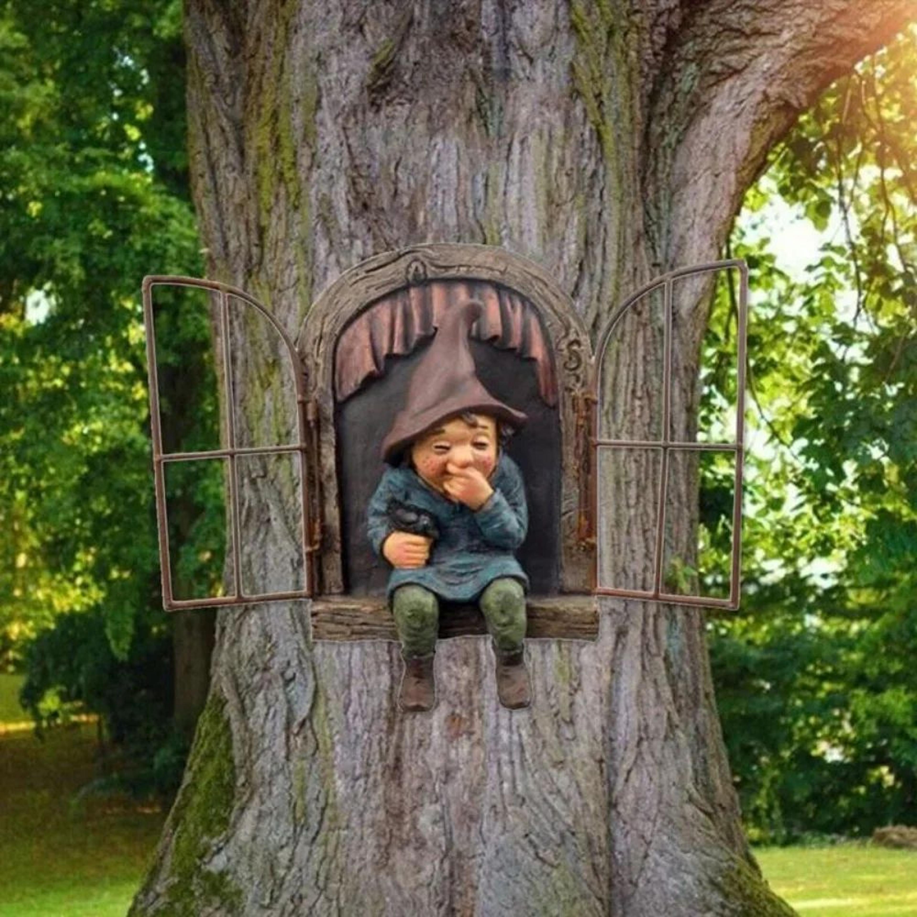 creative garden gnome tree hugger statue – resin elf door sculpture for yard, porch & outdoor garden decor