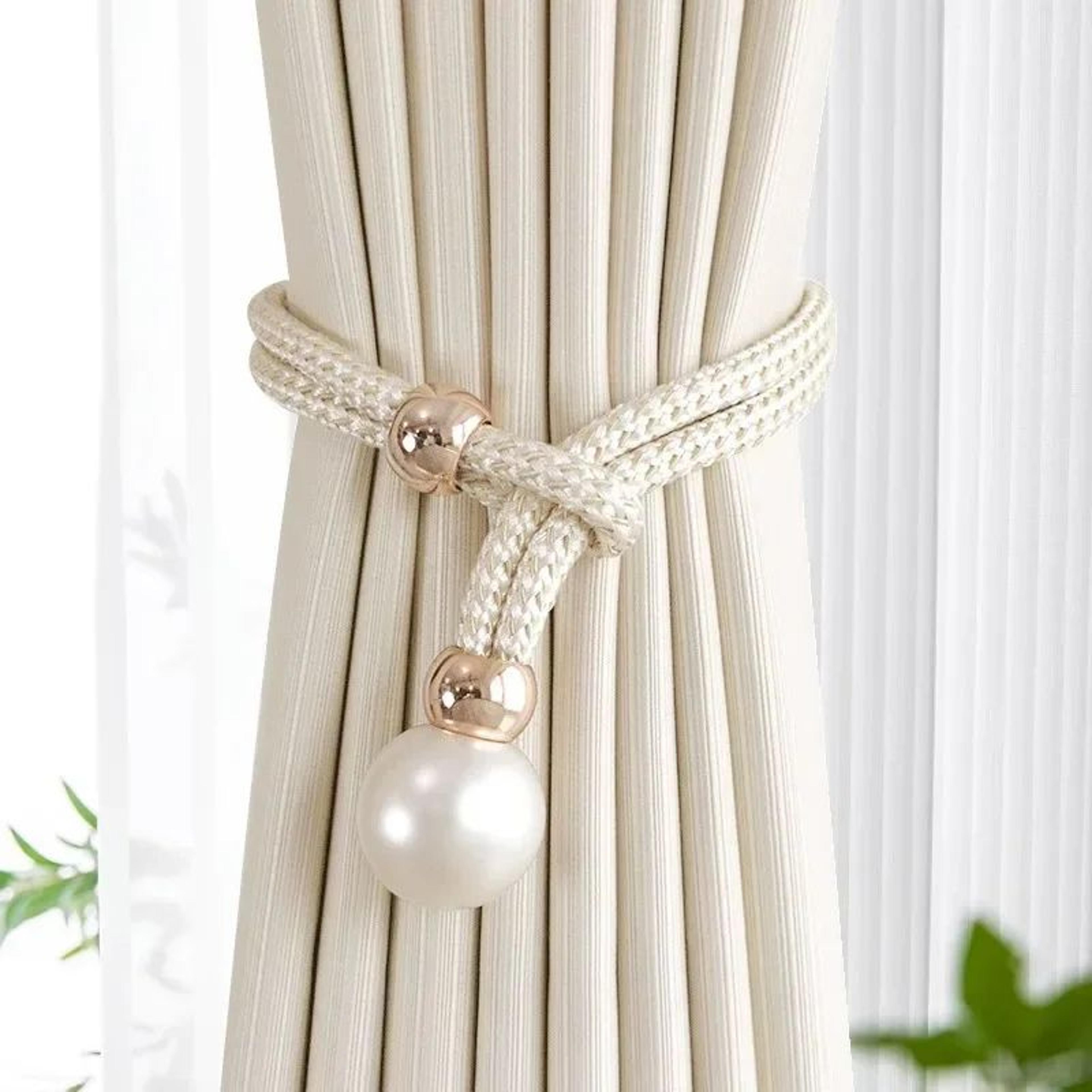 2pcs pearl curtain tiebacks – adjustable no-punch decorative rope holdbacks for drapes & window curtains