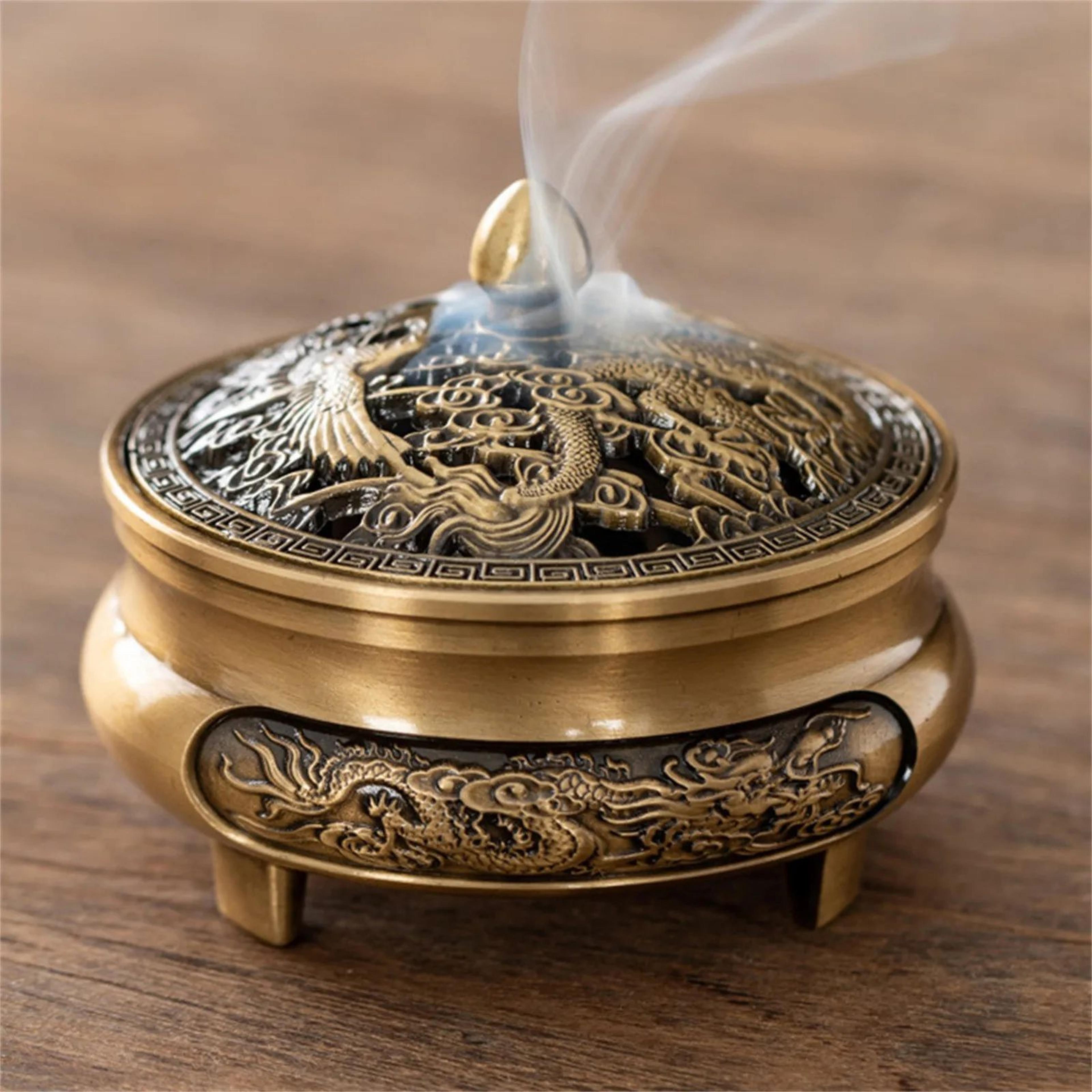 antique brass dragon phoenix incense burner – hollow carved chinese style censer for home tea