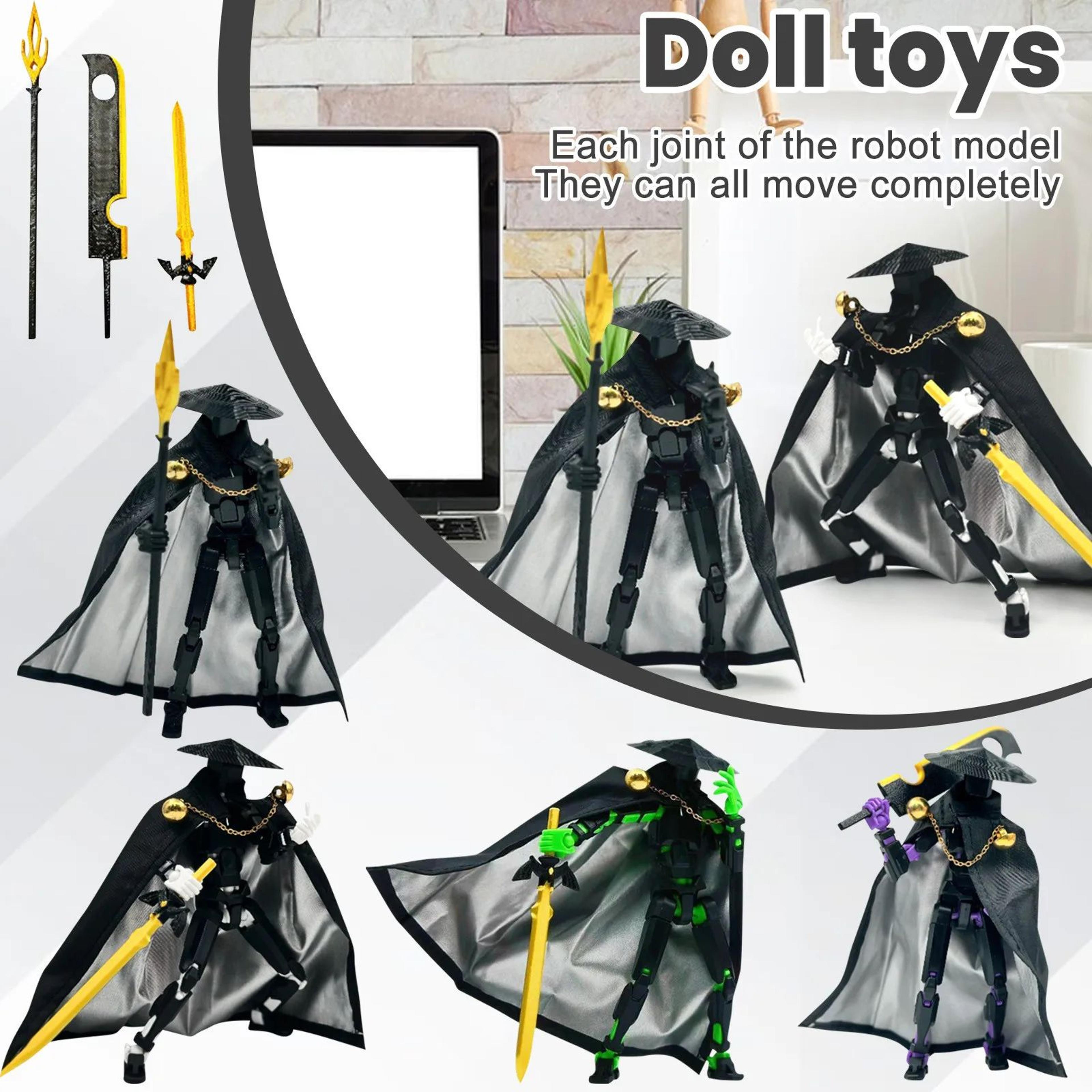 t13 multi-jointed action figure – movable swordsman dummy with cape, hat, 8 weapons & interchangeable hands