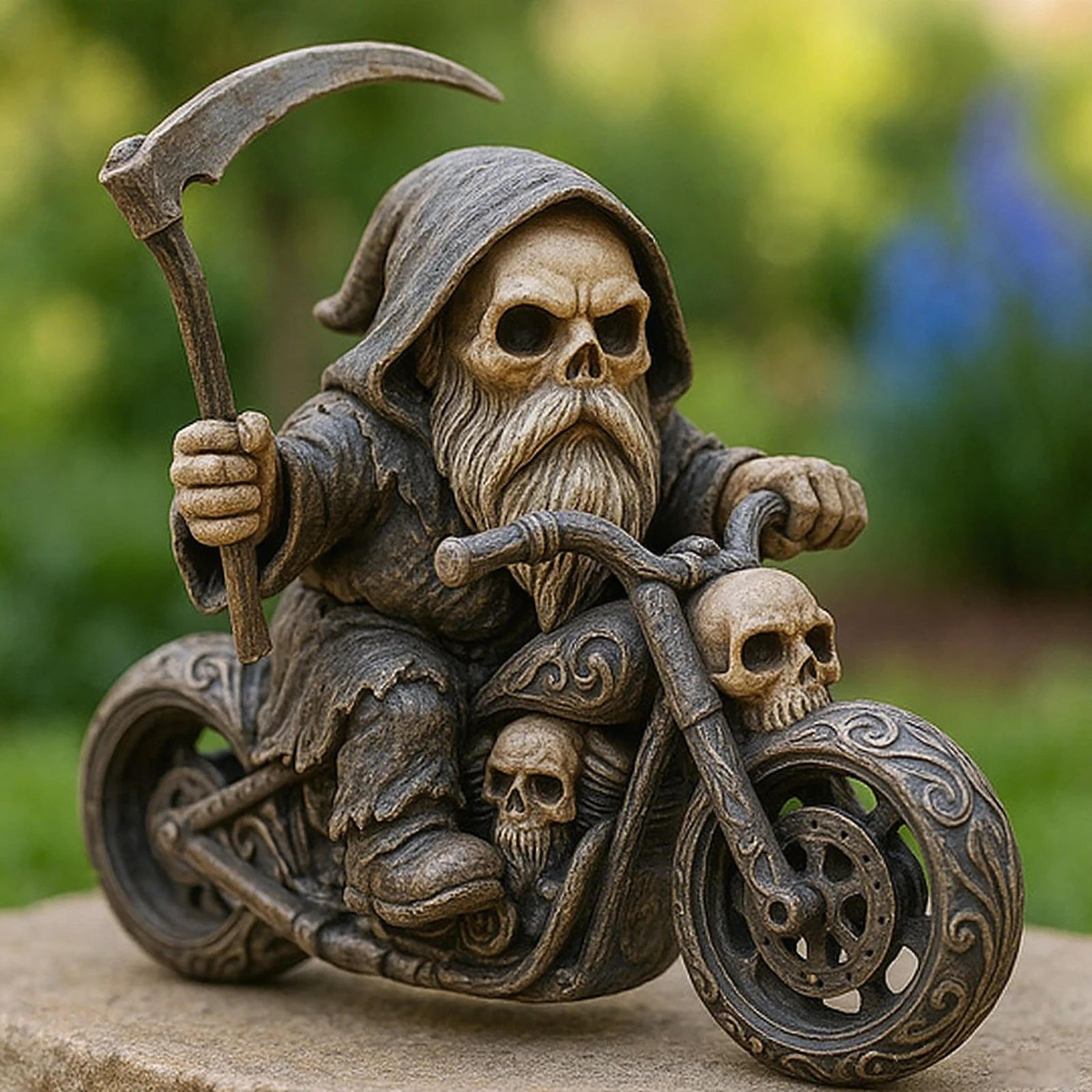 grim reaper motorcycle figurine – resin skeleton rider gnome statue for garden, home, desk & halloween decor