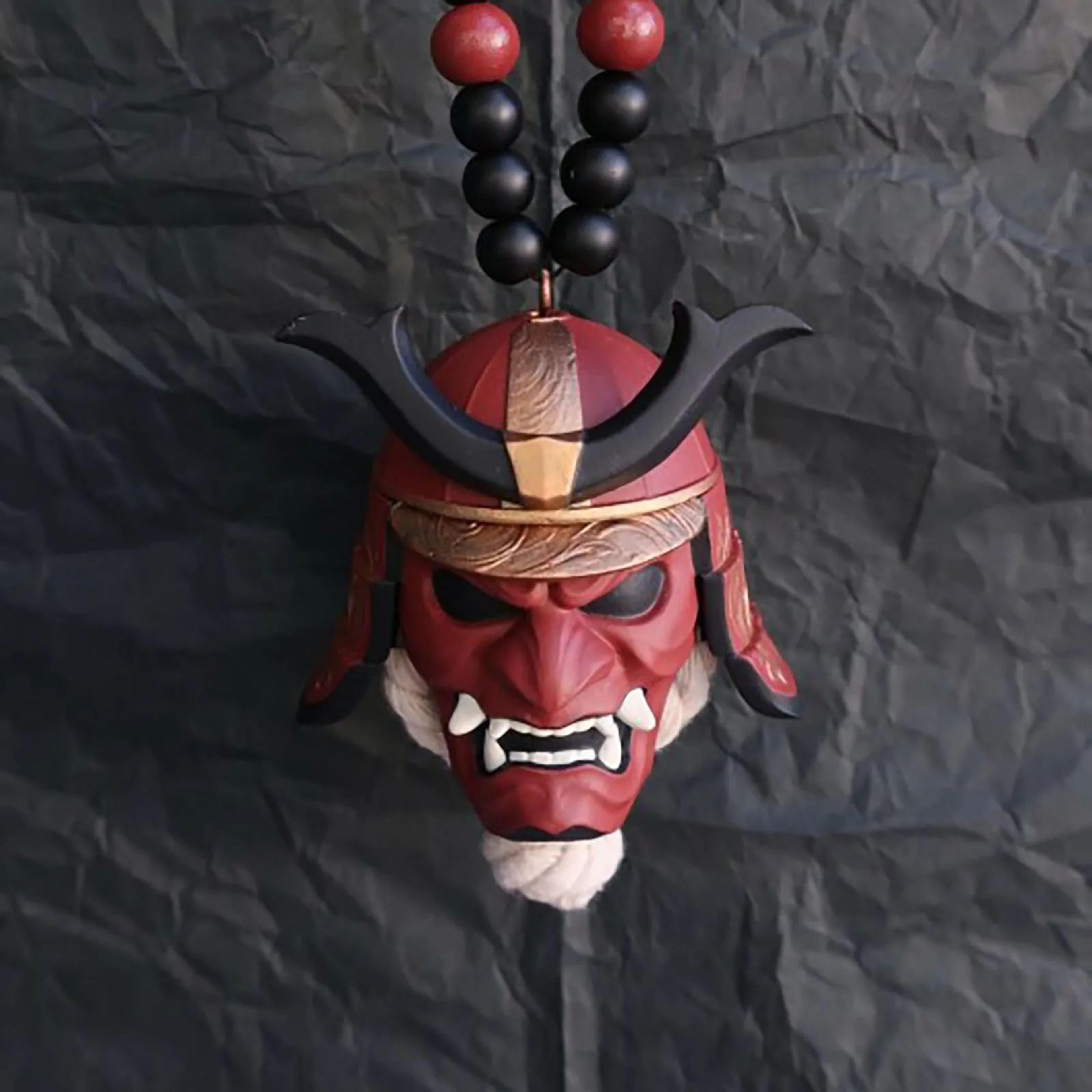 japanese samurai kabuto oni car pendant – hannya mask rearview mirror charm, halloween hanging ornament auto decor