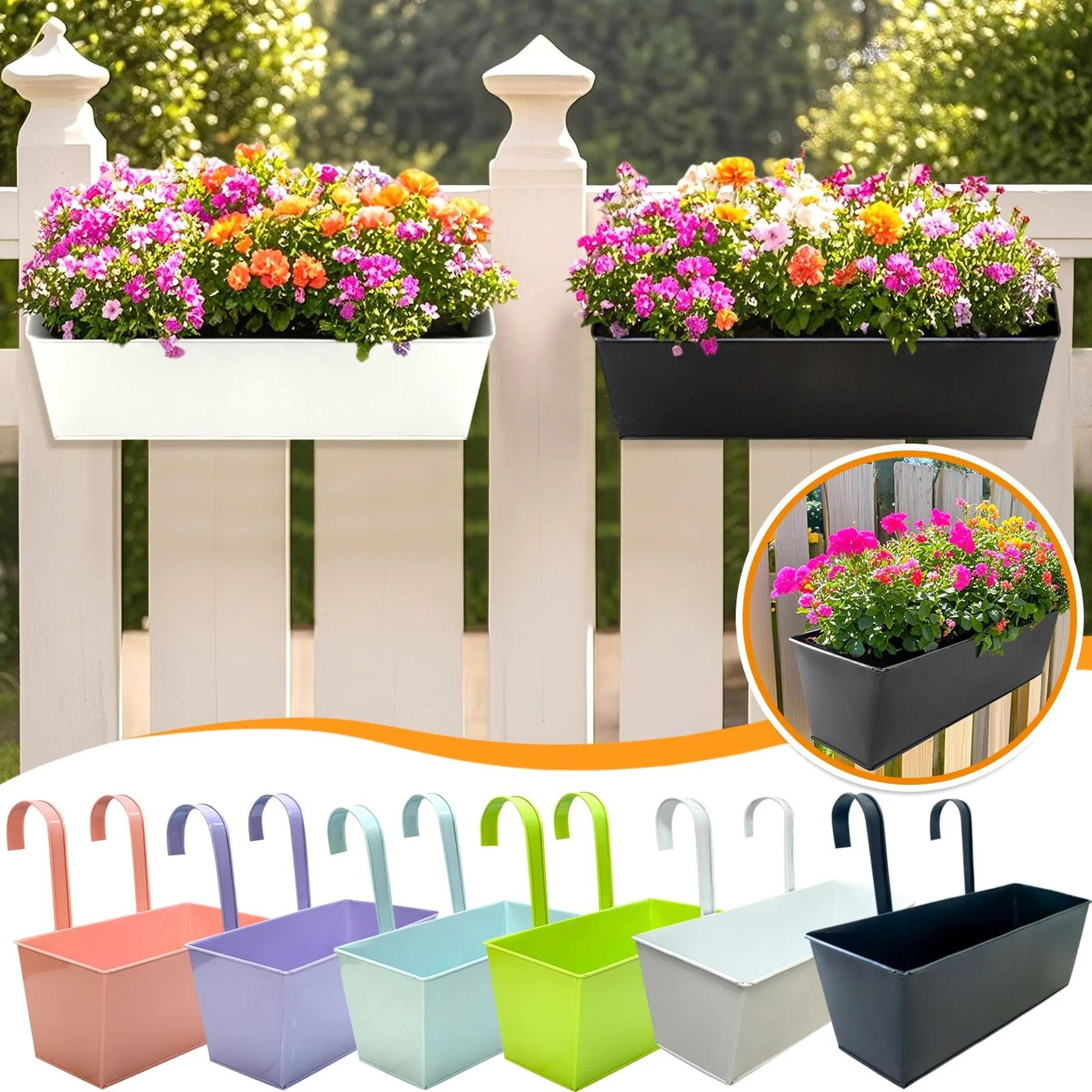 black iron hanging flower pot – wall mount railing planter with hooks & drainage for balcony, fence, garden & deck
