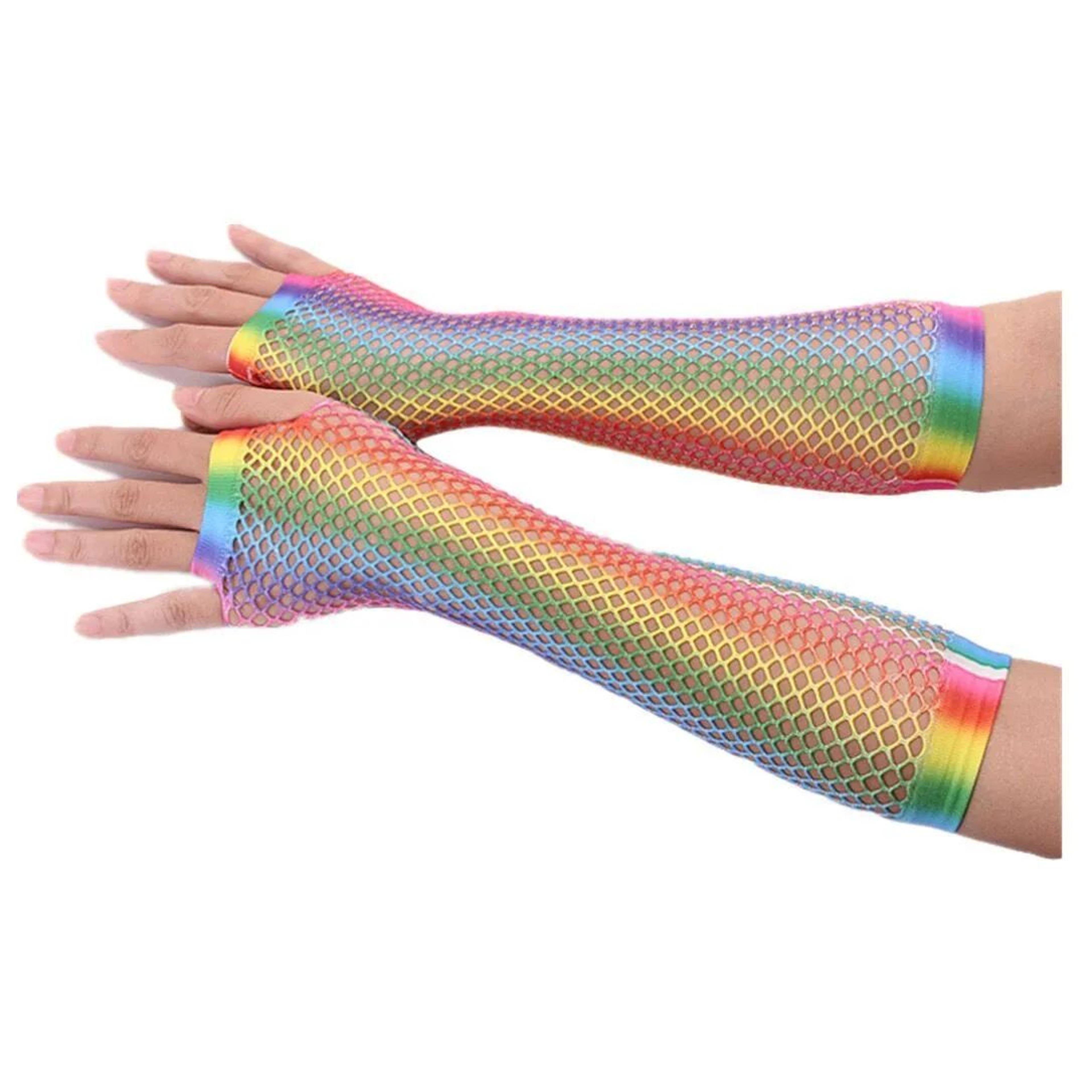 rainbow fishnet fingerless gloves – colorful mesh hollow out dance costume gloves for women, disco party accessories