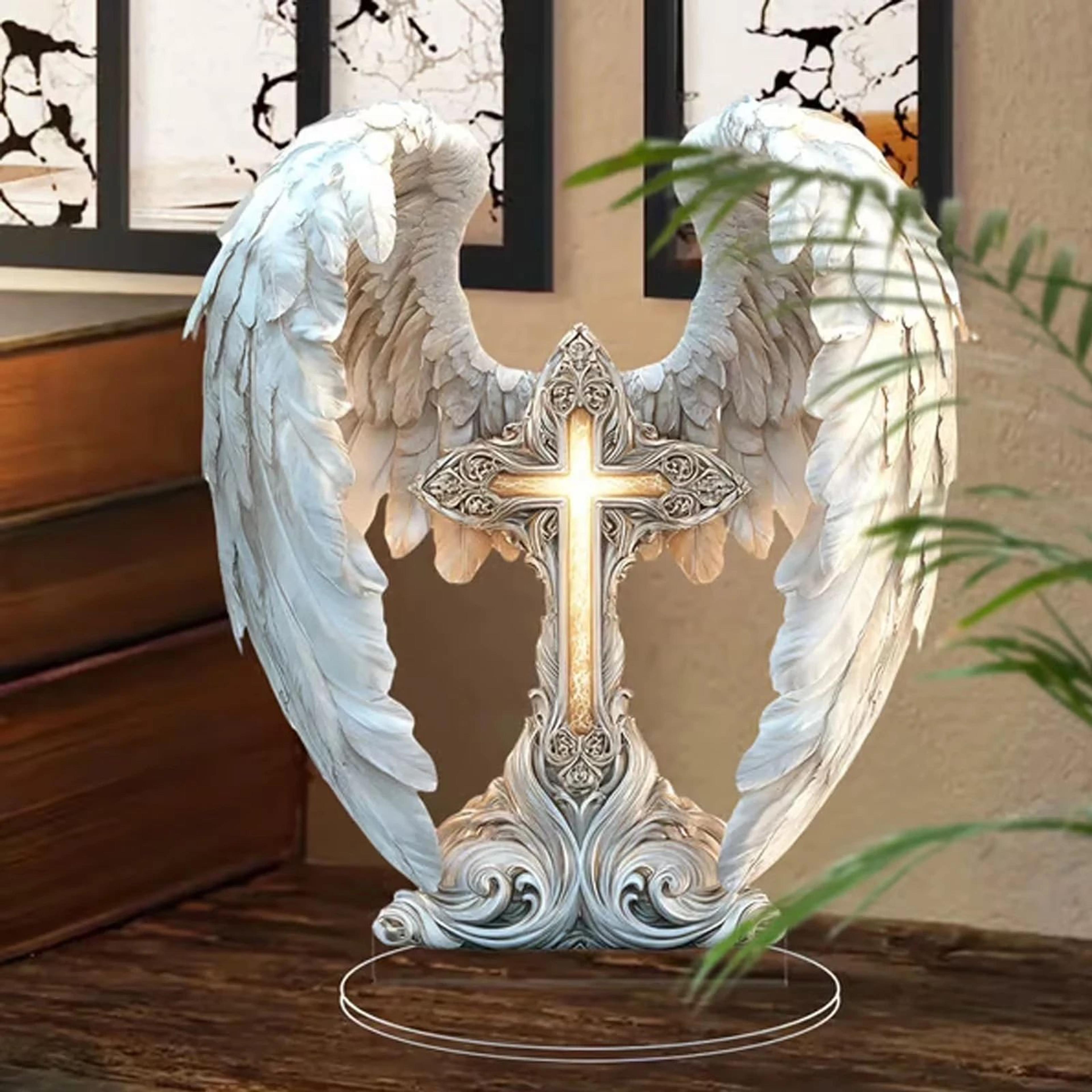 angel wings cross acrylic ornament – 2d memorial tabletop decoration for home, christmas & new year gift