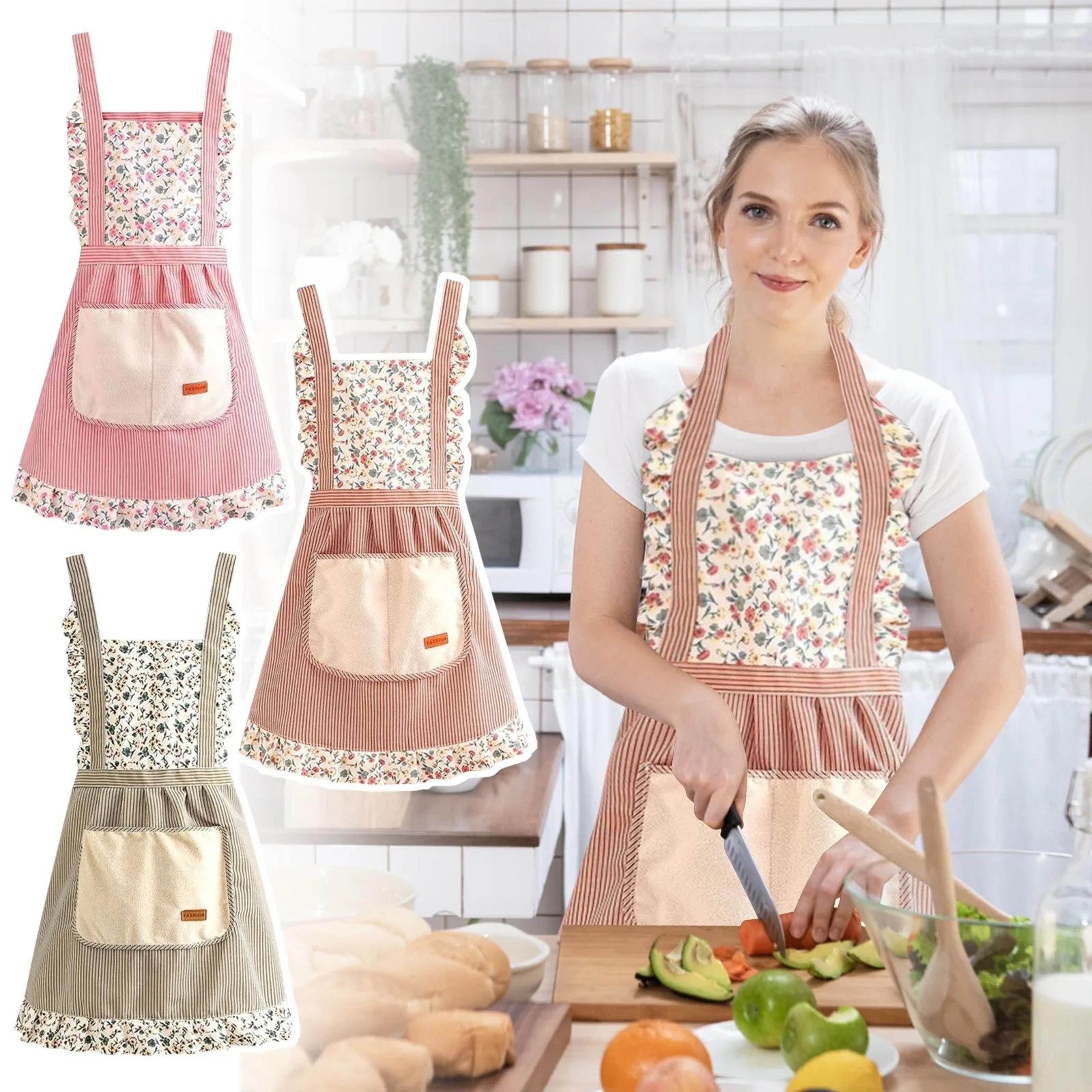 pink floral canvas apron – breathable kitchen cooking apron with waist-hugging fit for women