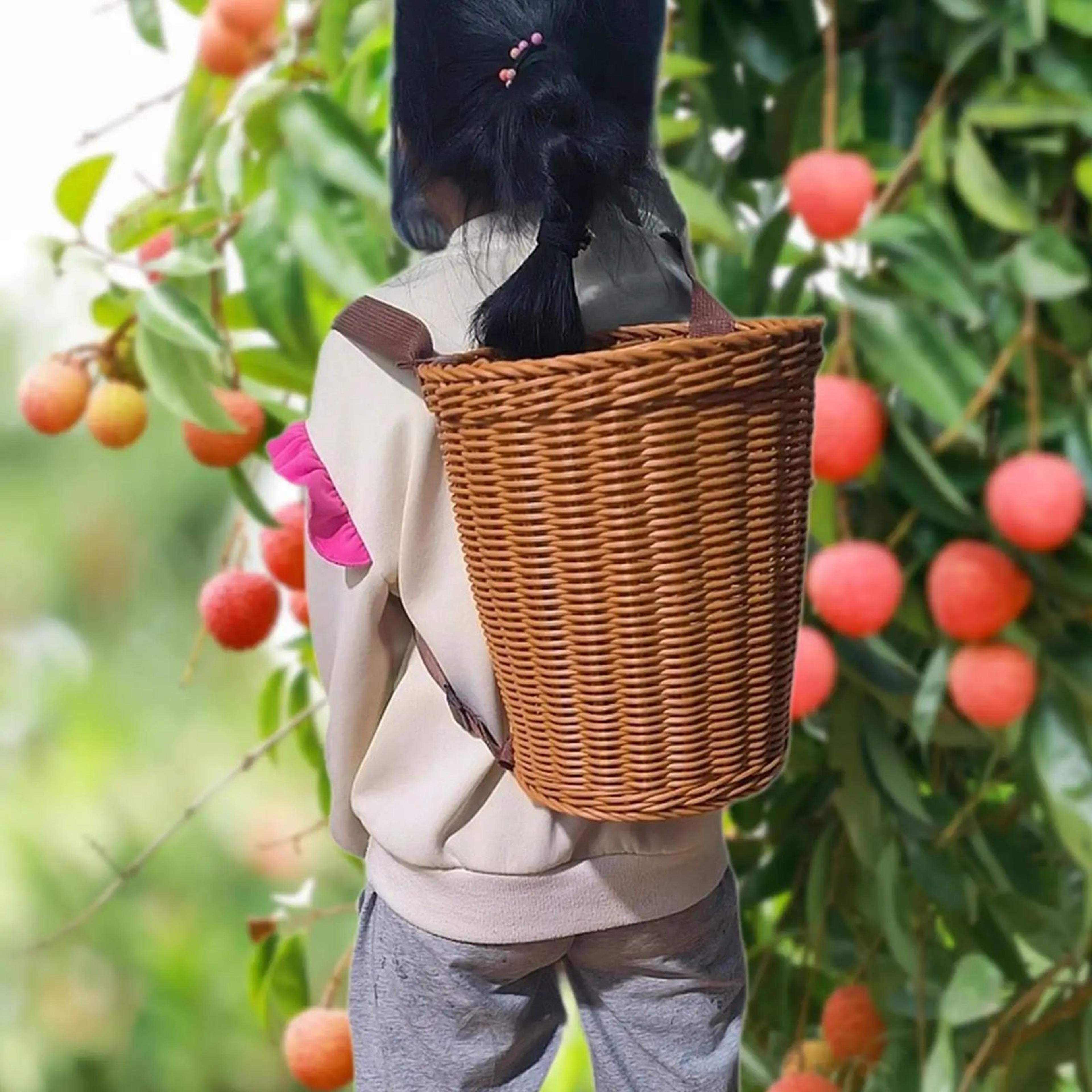 handwoven pp rustic basket backpack – lightweight shoulder strap picnic, shopping, beach & fruit harvest carry basket