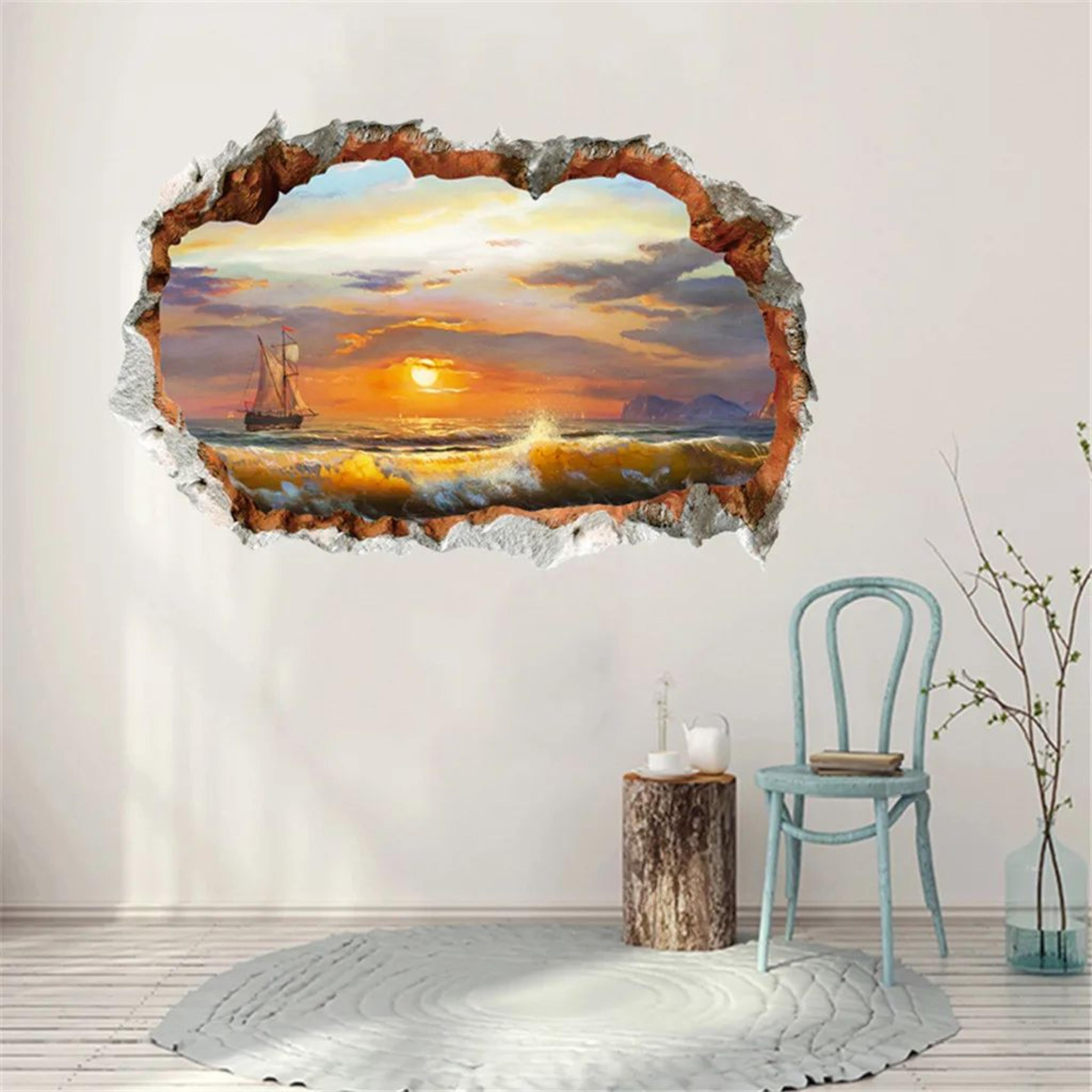3d ocean beach wall sticker – waterproof pvc sea view wall decal for living room, bedroom, bathroom & office decor