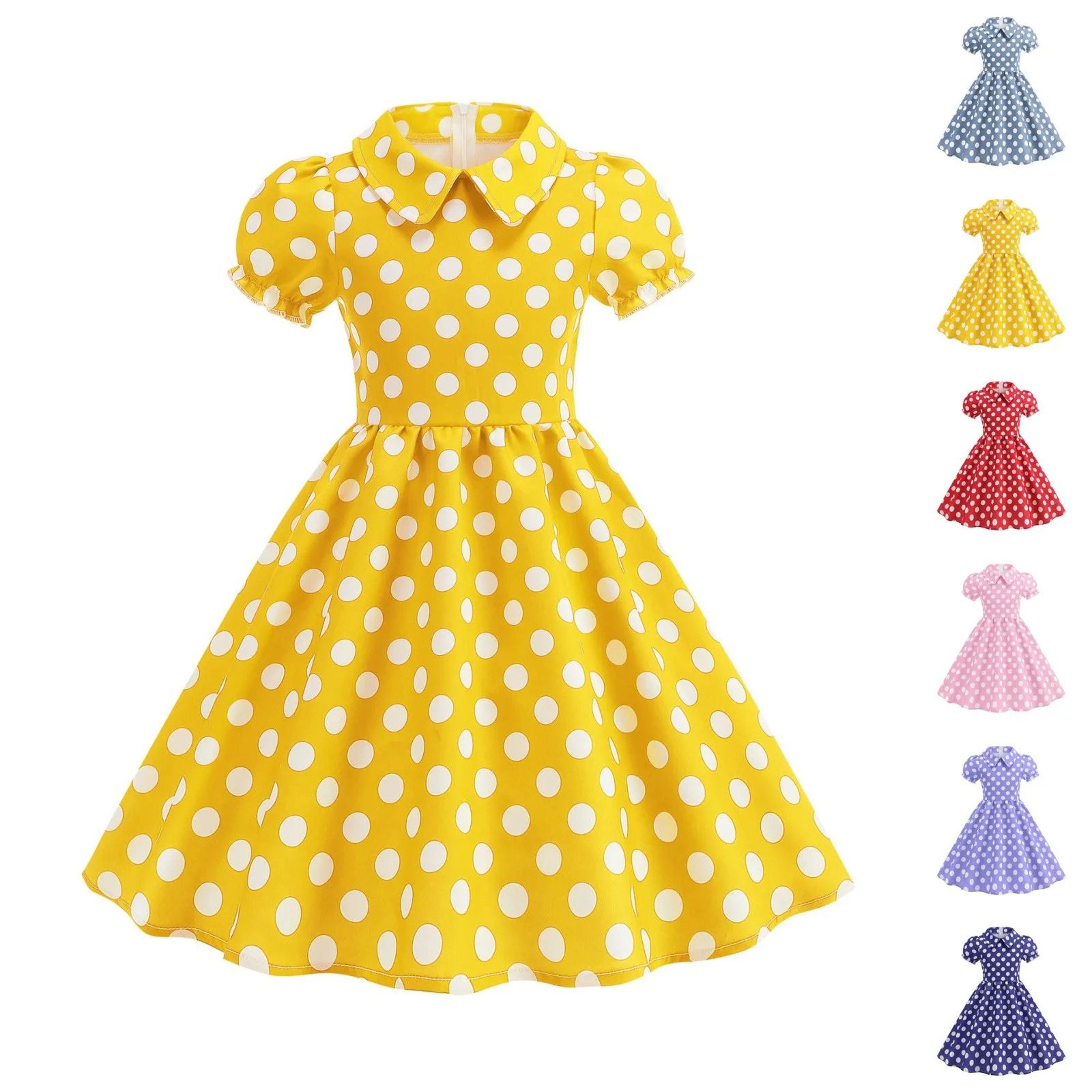 girls vintage polka dot princess dress – cotton turn-down collar summer party cocktail dress with puff sleeves