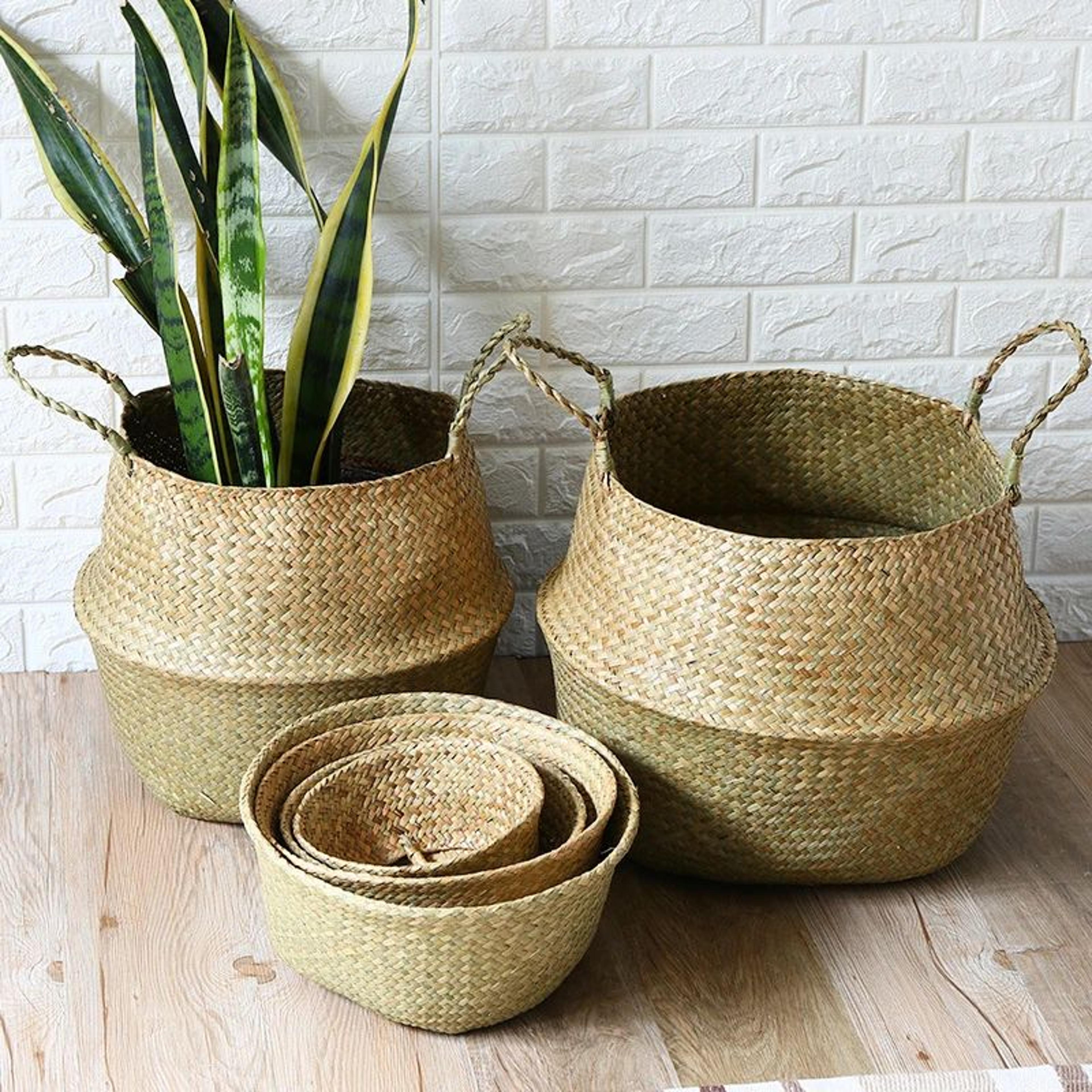 seagrass wicker storage basket – woven folding plant pot cover, laundry organizer & home garden decorative basket