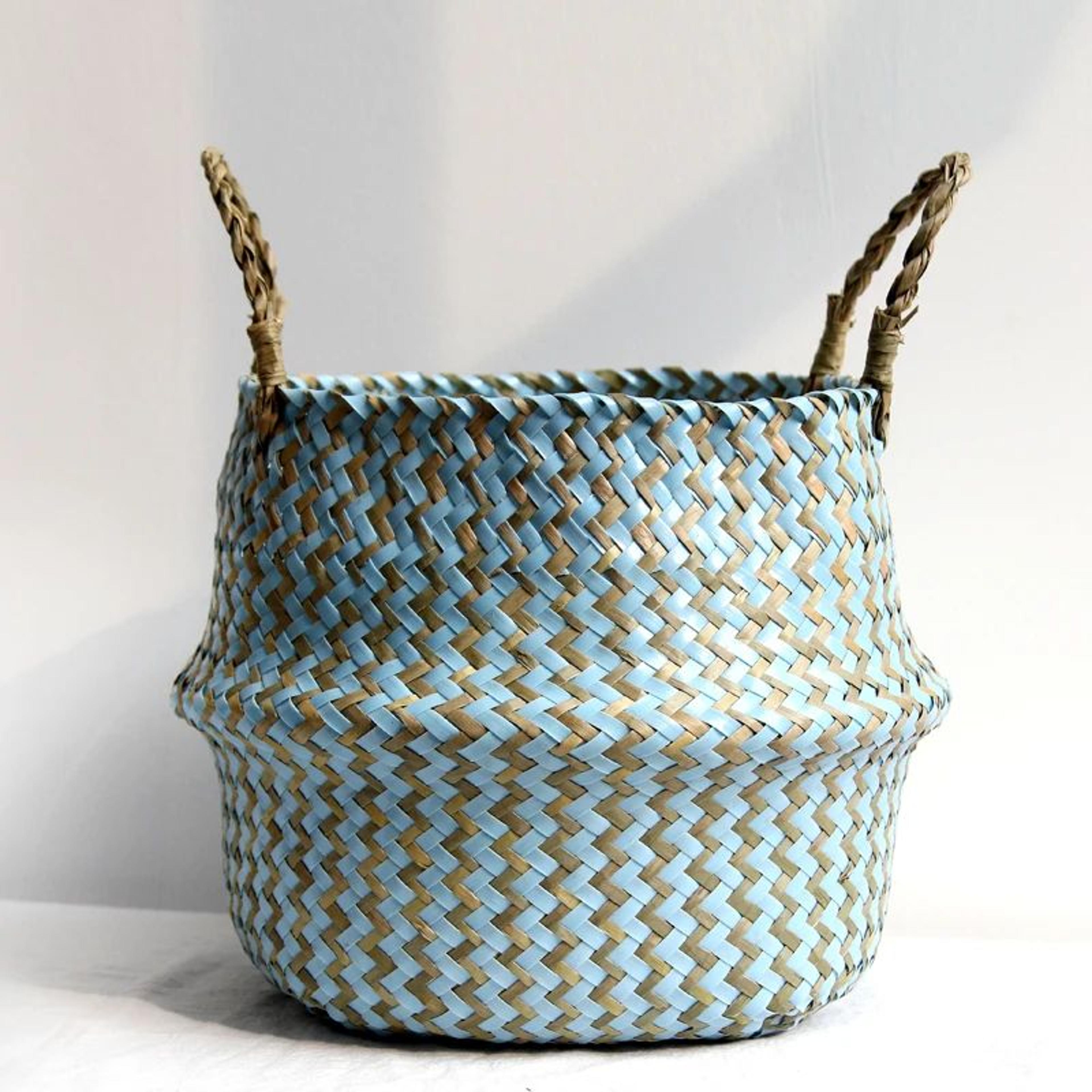 boho wicker storage basket – handmade collapsible woven laundry hamper, striped flower pot & natural home decor