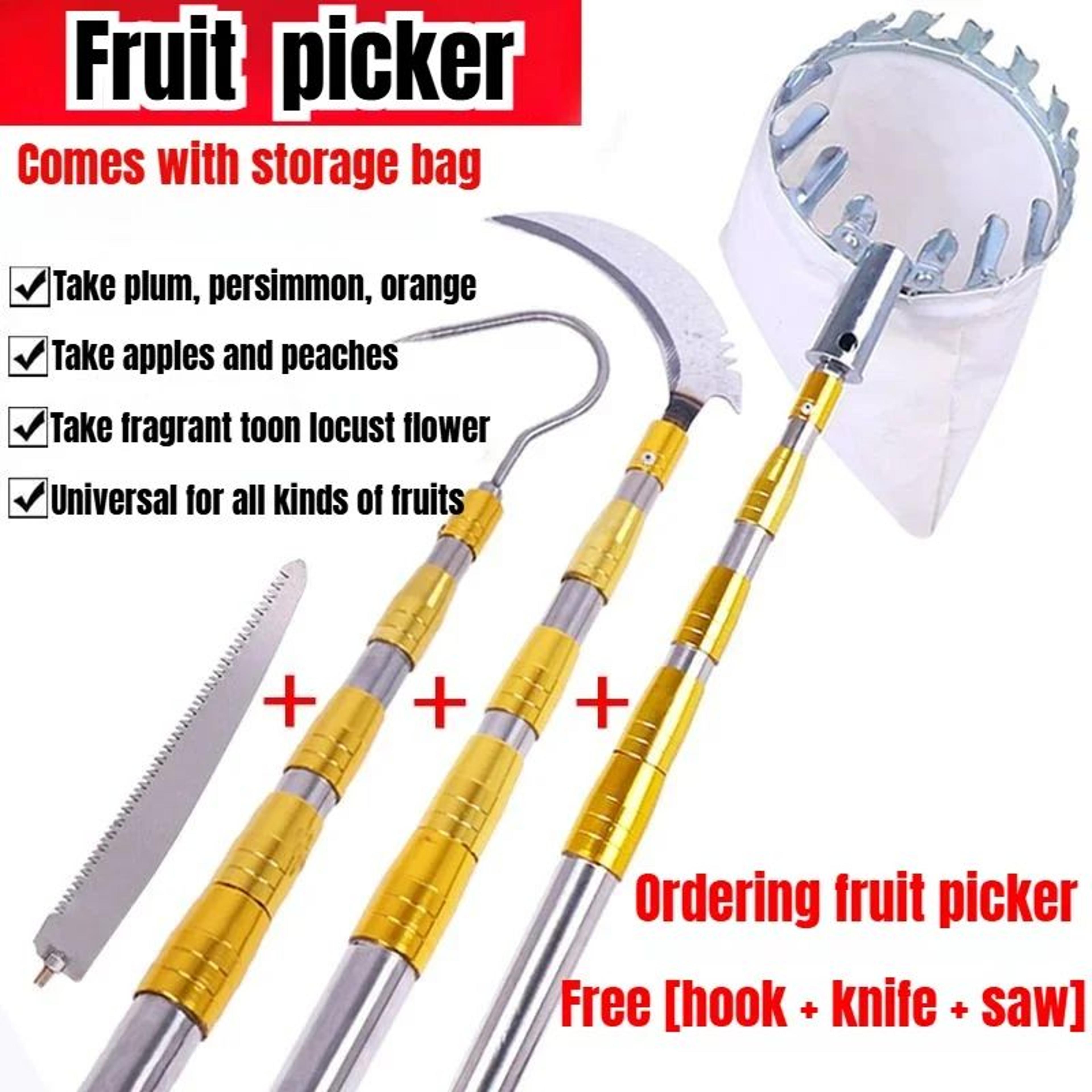 metal fruit picker – adjustable telescopic high tree fruit picking tool with basket bag, hook, knife & pruning saw