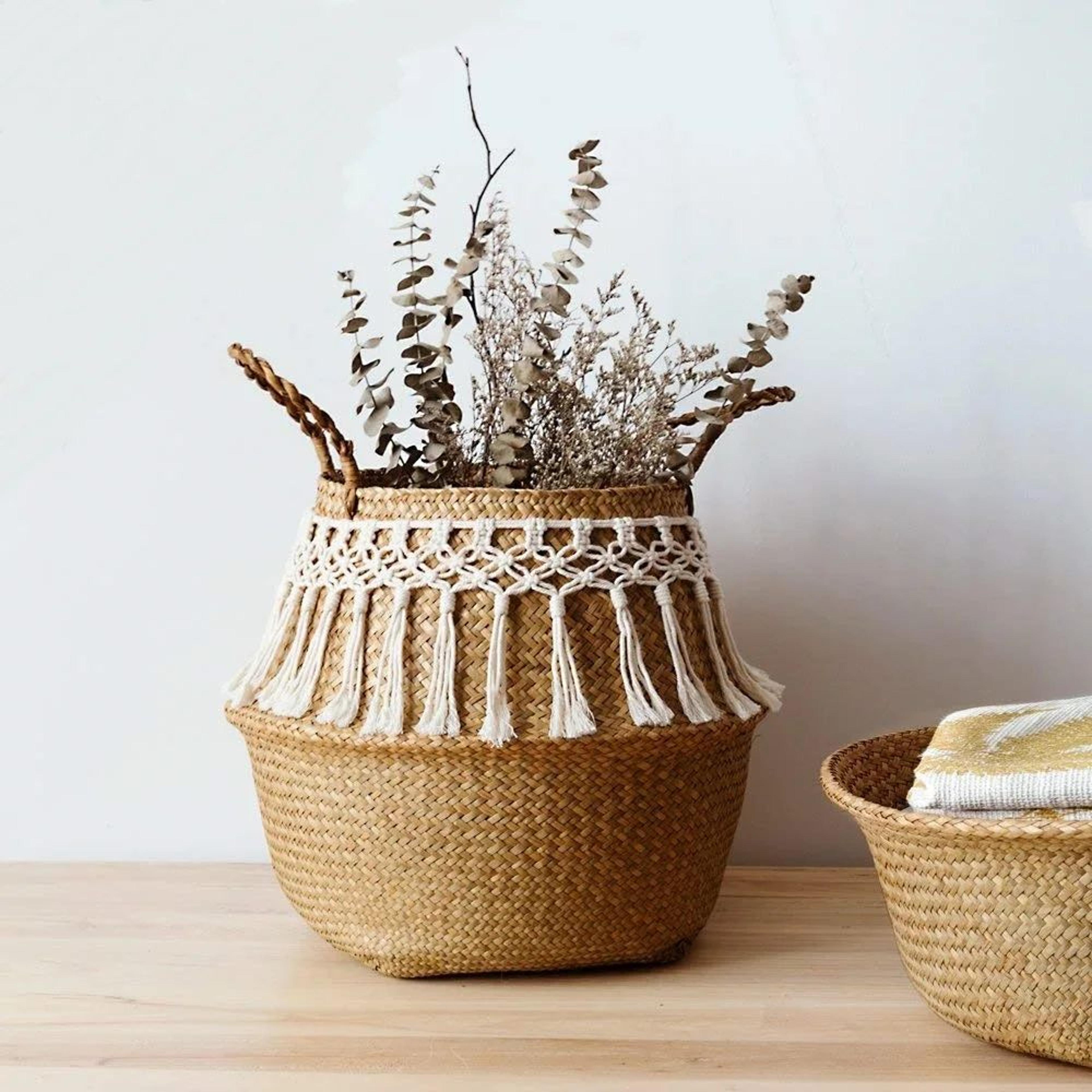 macrame seagrass storage basket – woven wicker organizer & decorative flower pot cover for home, kitchen and garden