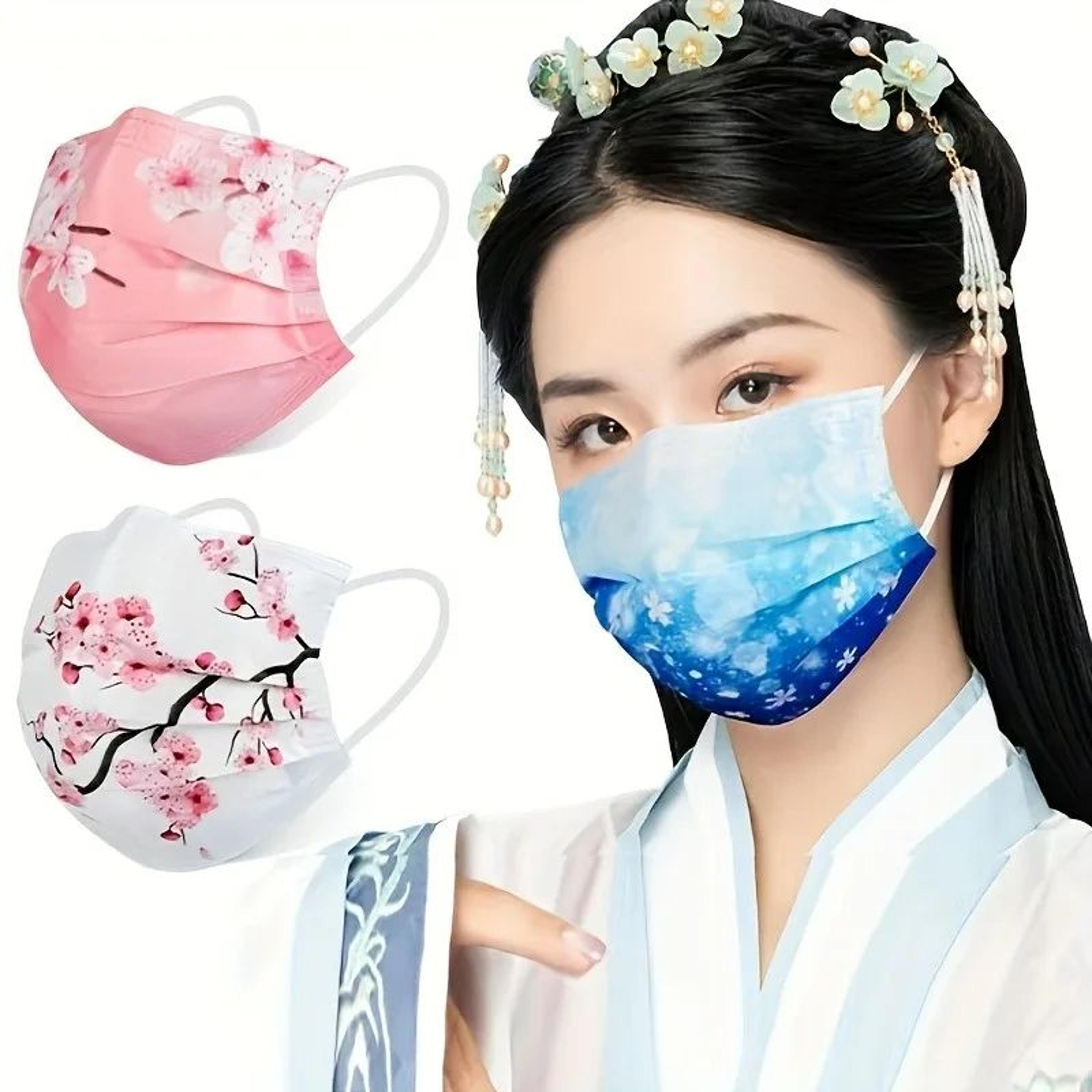 10pcs floral & starry sky face masks – 3-layer breathable polyester face coverings with elastic ear loops for women