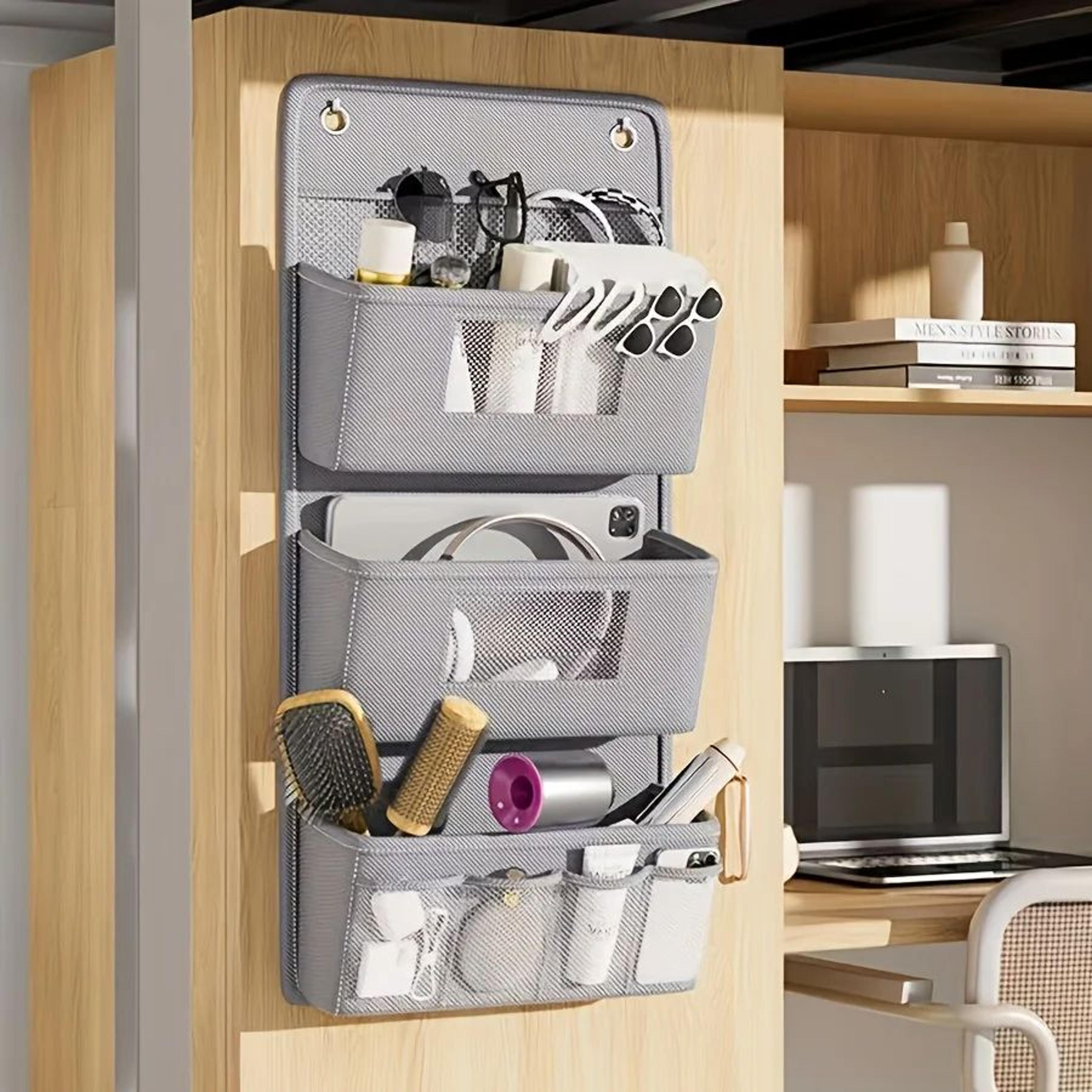 gray wall-mounted storage organizer – multi-compartment non-woven fabric hanging bag with clear window & hooks
