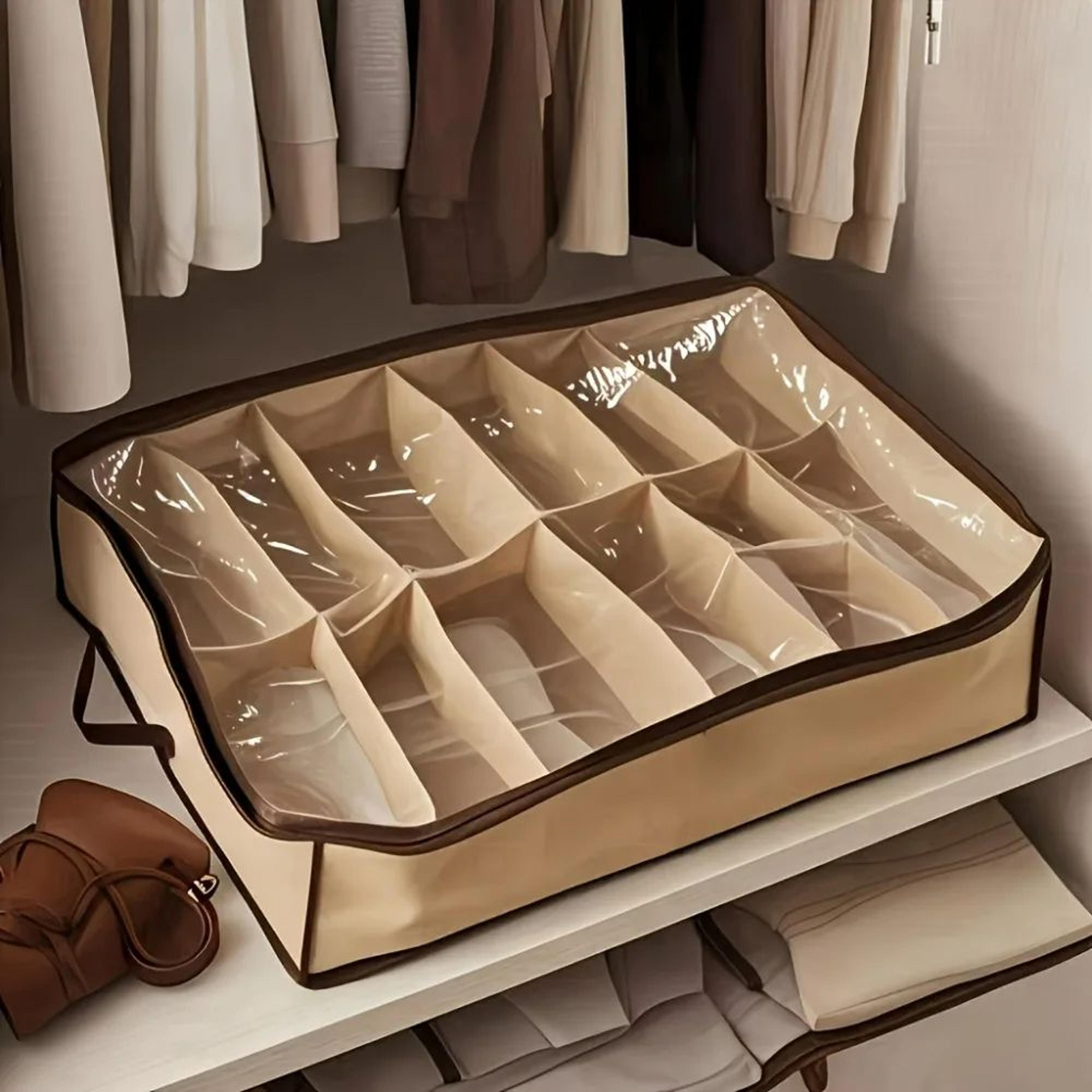 12-compartment clear storage organizer – zippered shoe & underwear box with handles for closet, bedroom & travel