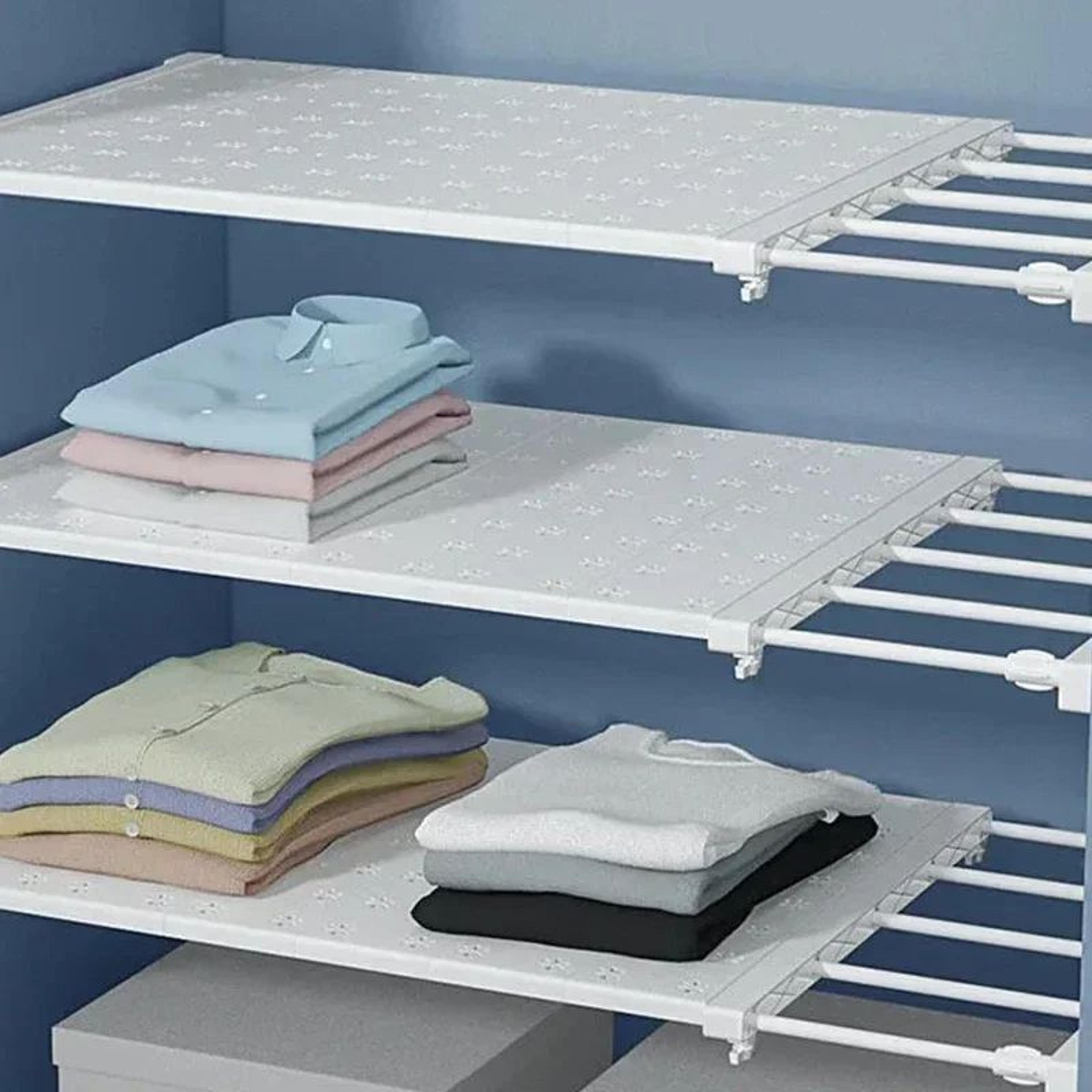 punch-free expandable storage divider – retractable plastic tension shelf for wardrobe, kitchen, bathroom & dorm