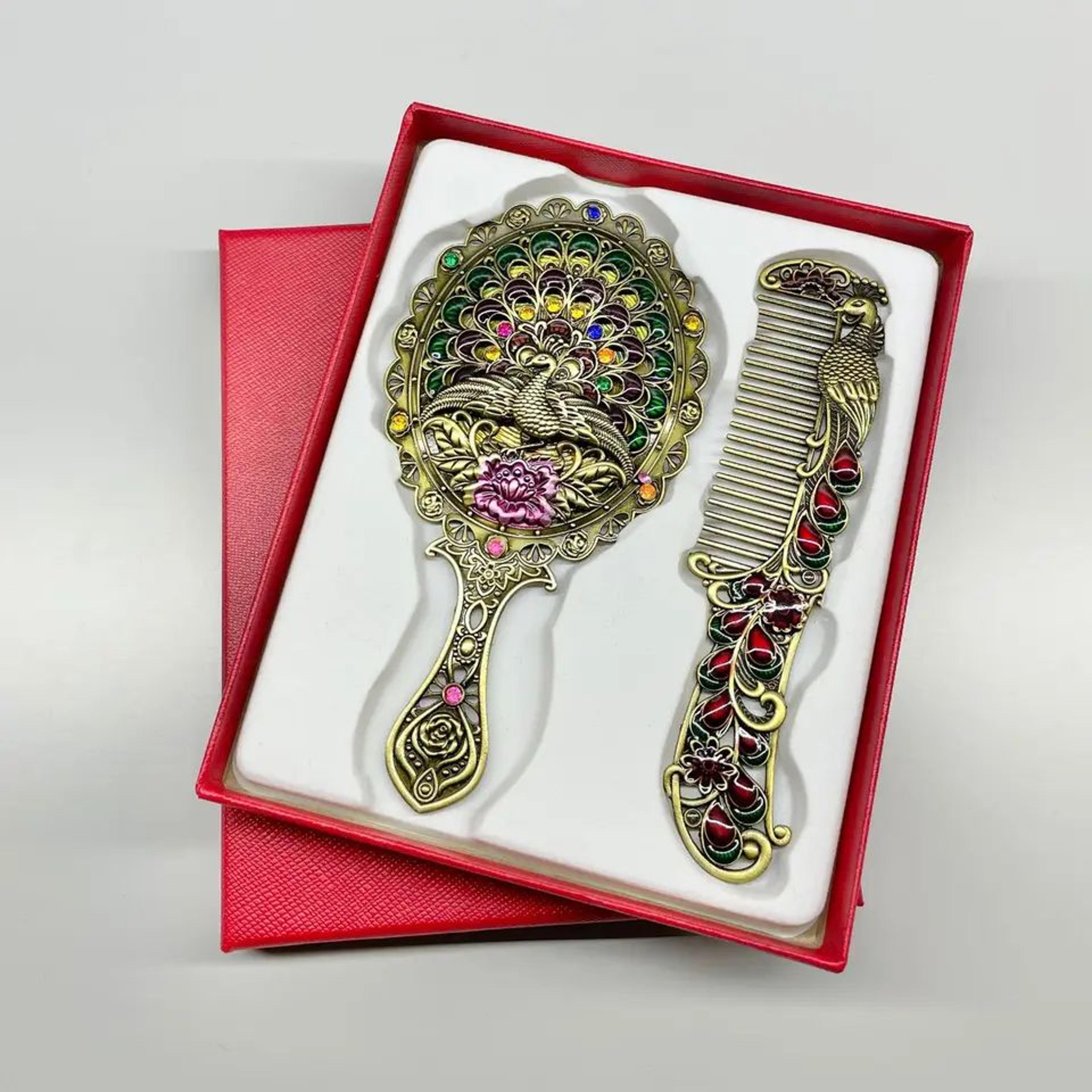 vintage peacock handheld mirror & comb set – 5.12 x 2.76 in zinc alloy portable makeup vanity set for women & gifts