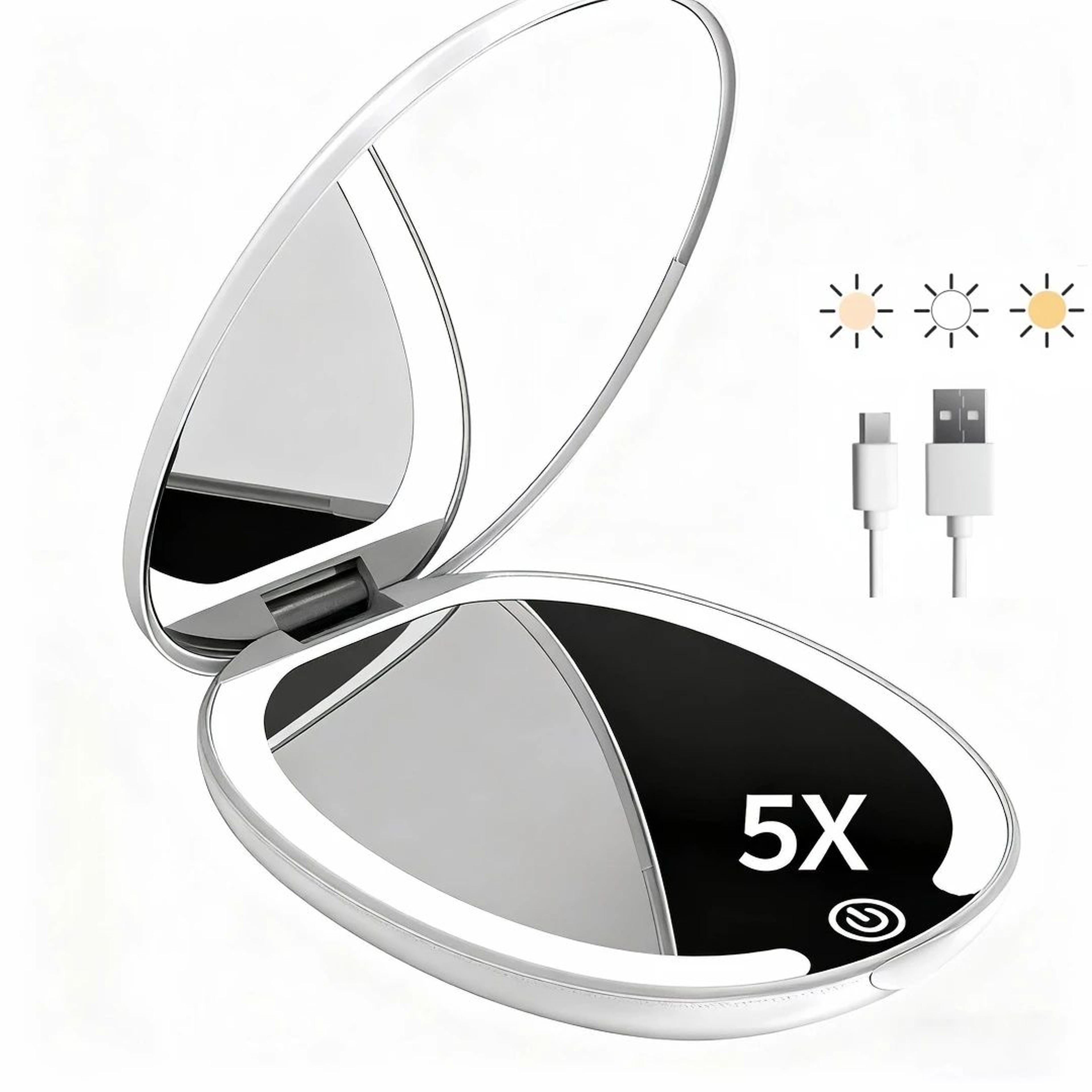 rechargeable travel makeup mirror – 5x magnifying double-sided led mirror with 3-color light & adjustable brightness