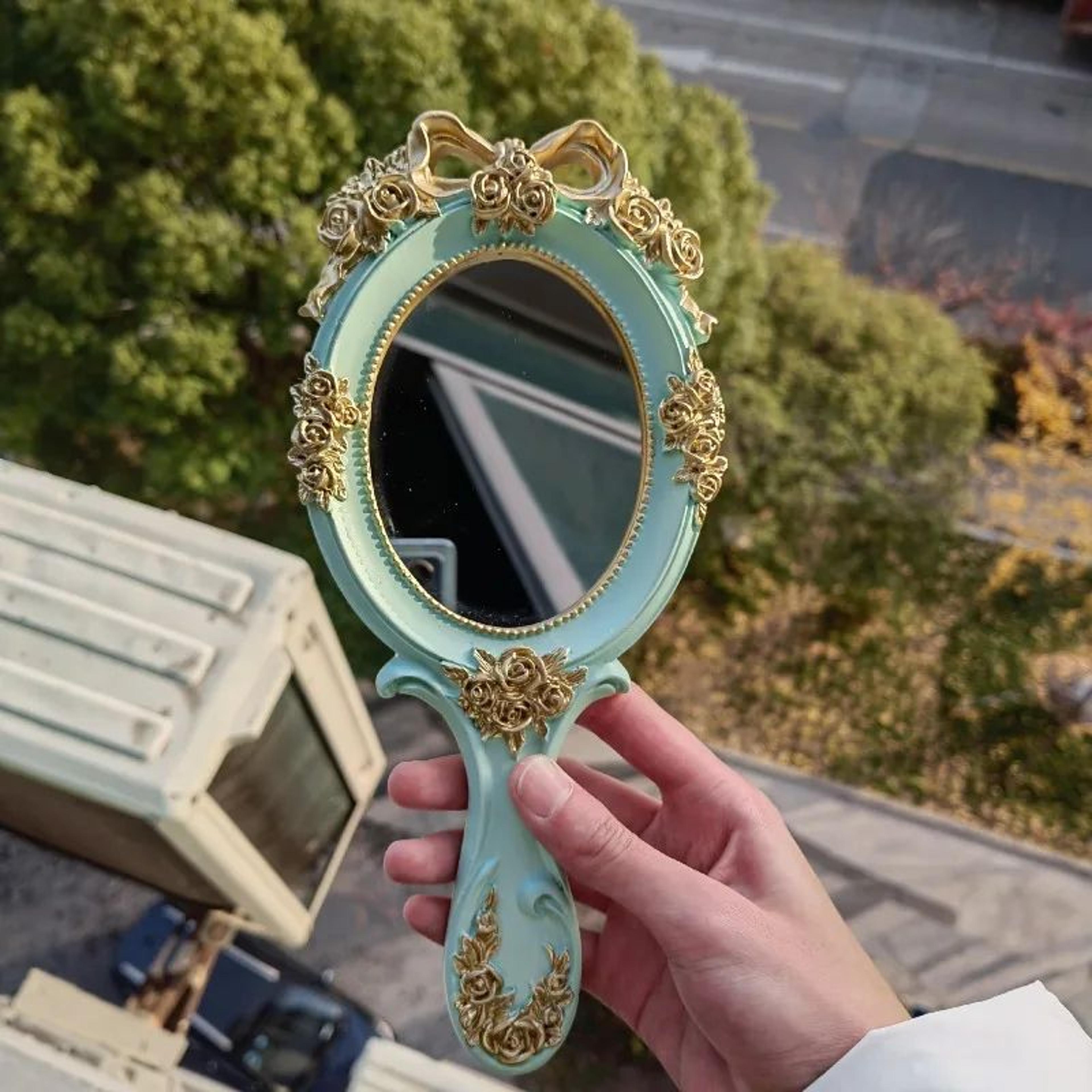european retro handheld makeup mirror – oval vintage baroque golden handle vanity mirror for bathroom, hotel & tabletop