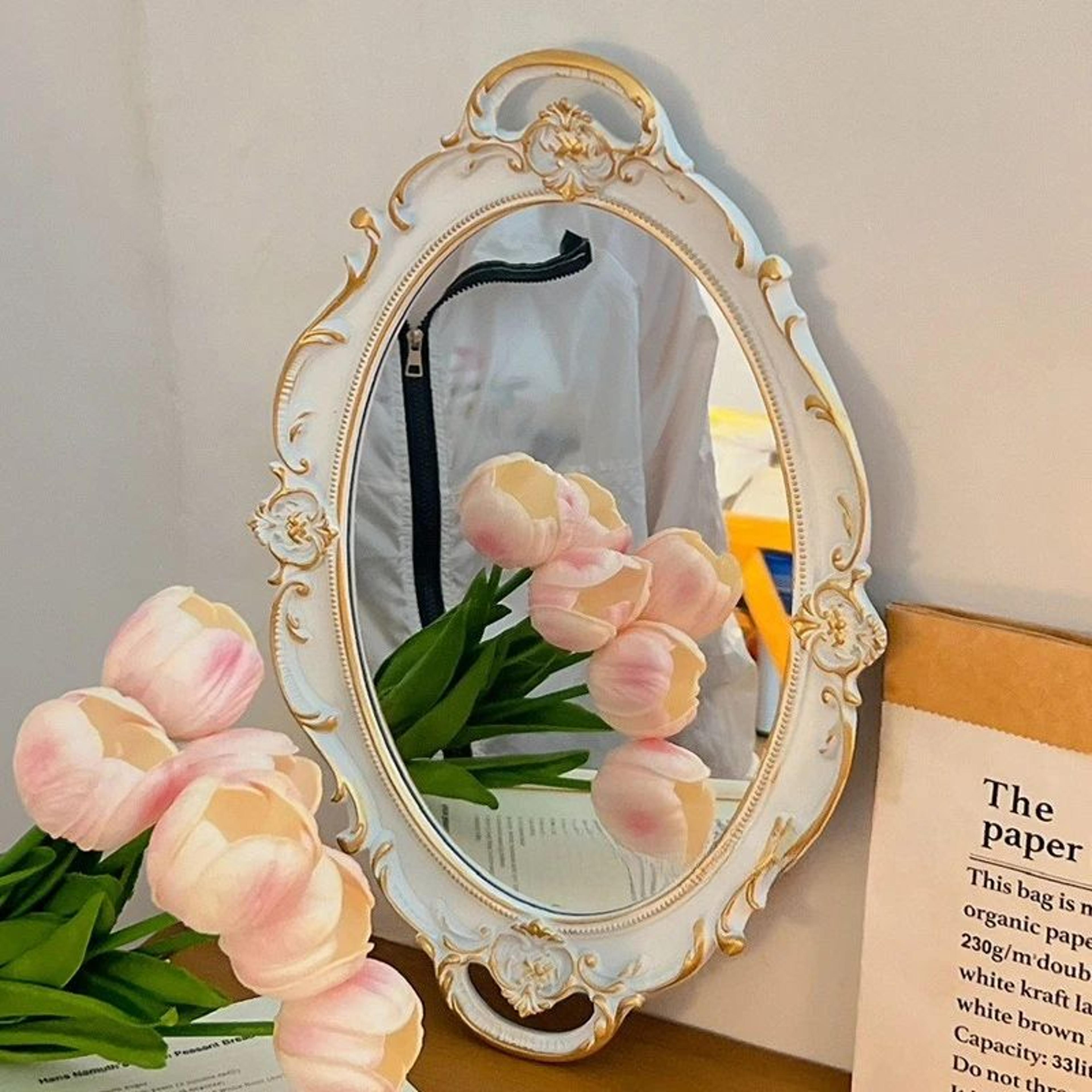 french retro desktop makeup mirror – vintage vanity decor with jewelry storage tray for bedroom dressing table display
