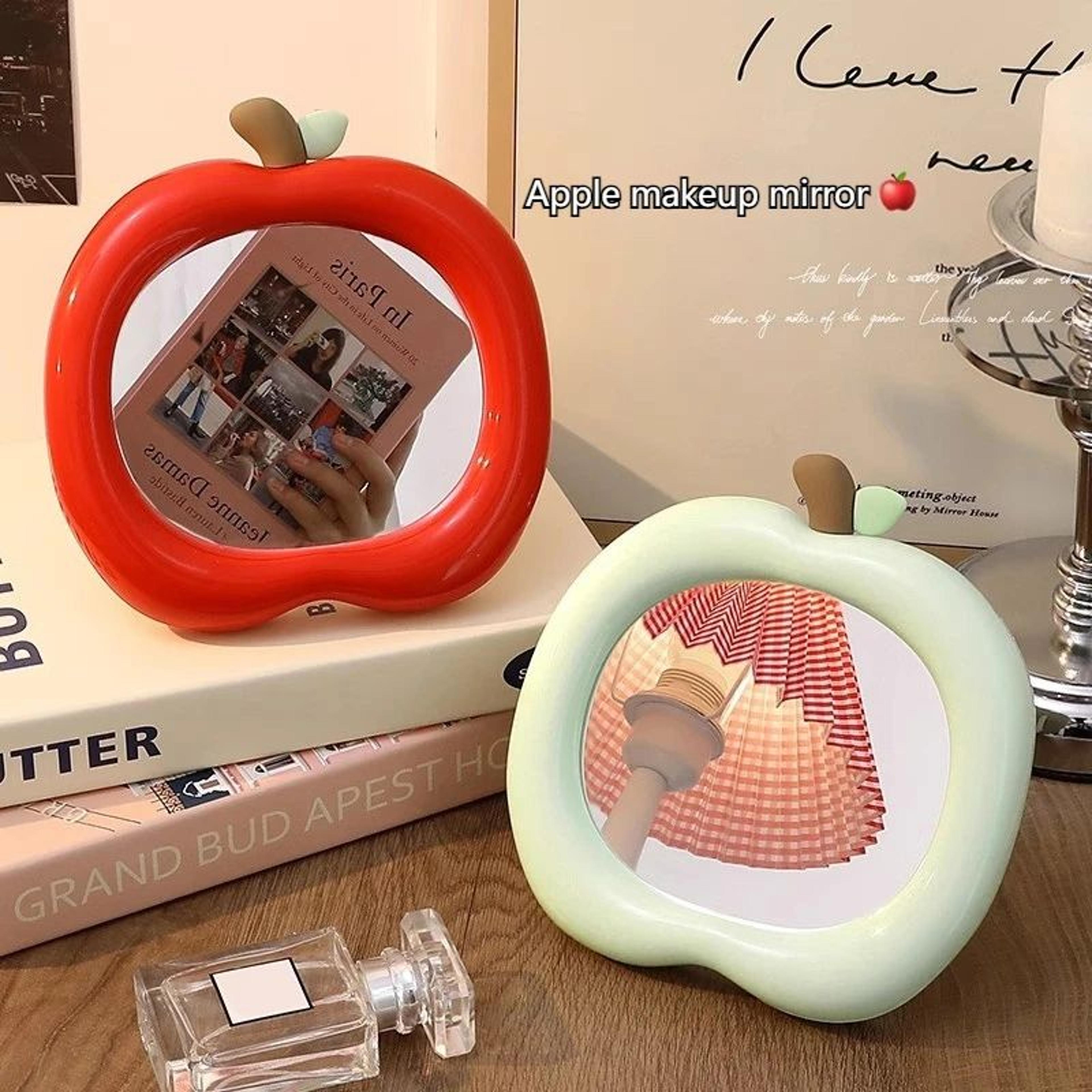 apple shape desktop makeup mirror – foldable portable vanity mirror with stand for bedroom dorm desk decor, green or red