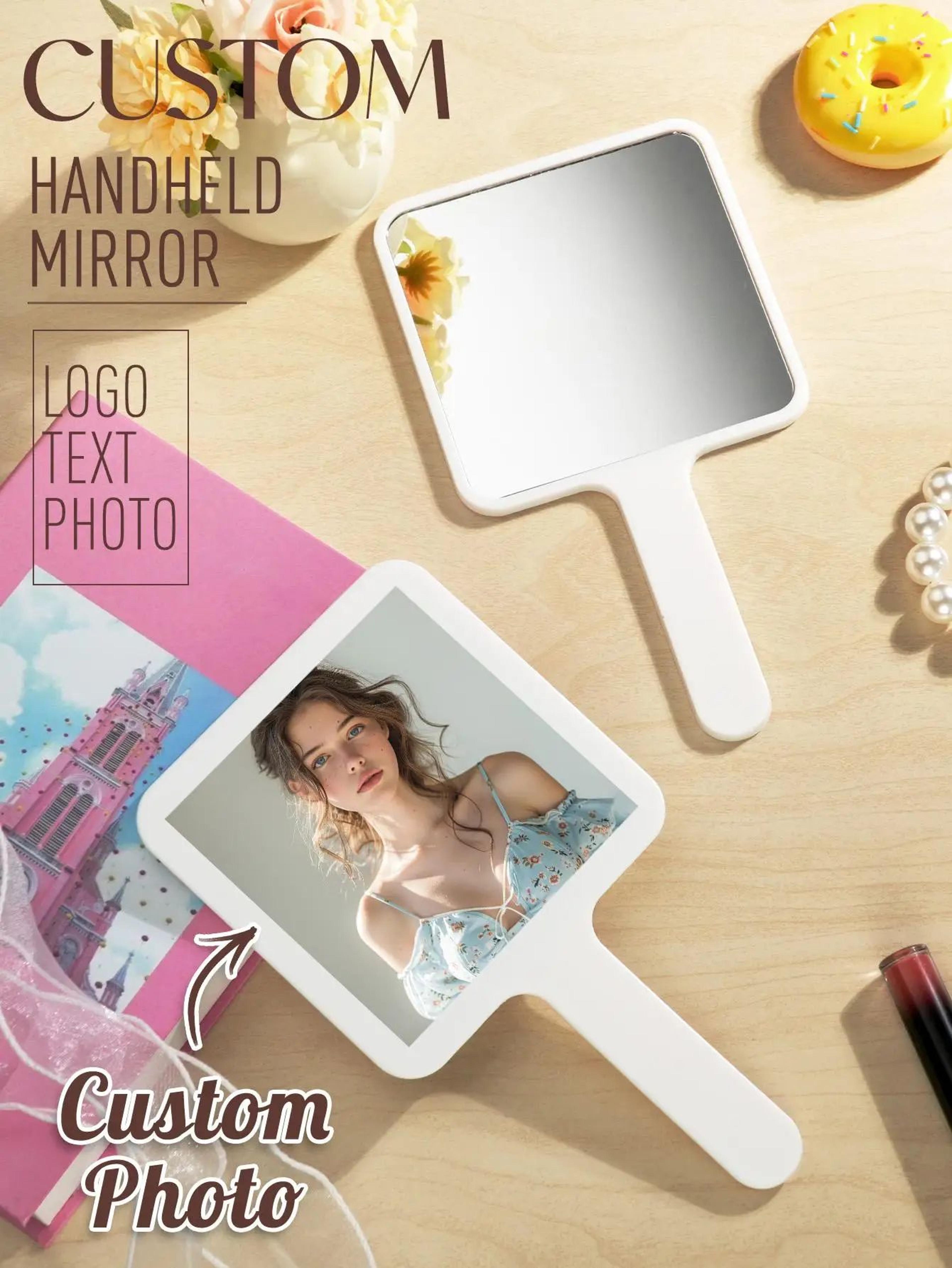 personalized handheld makeup mirror – custom text photo or logo compact mirror for travel, office, daily use & gifts