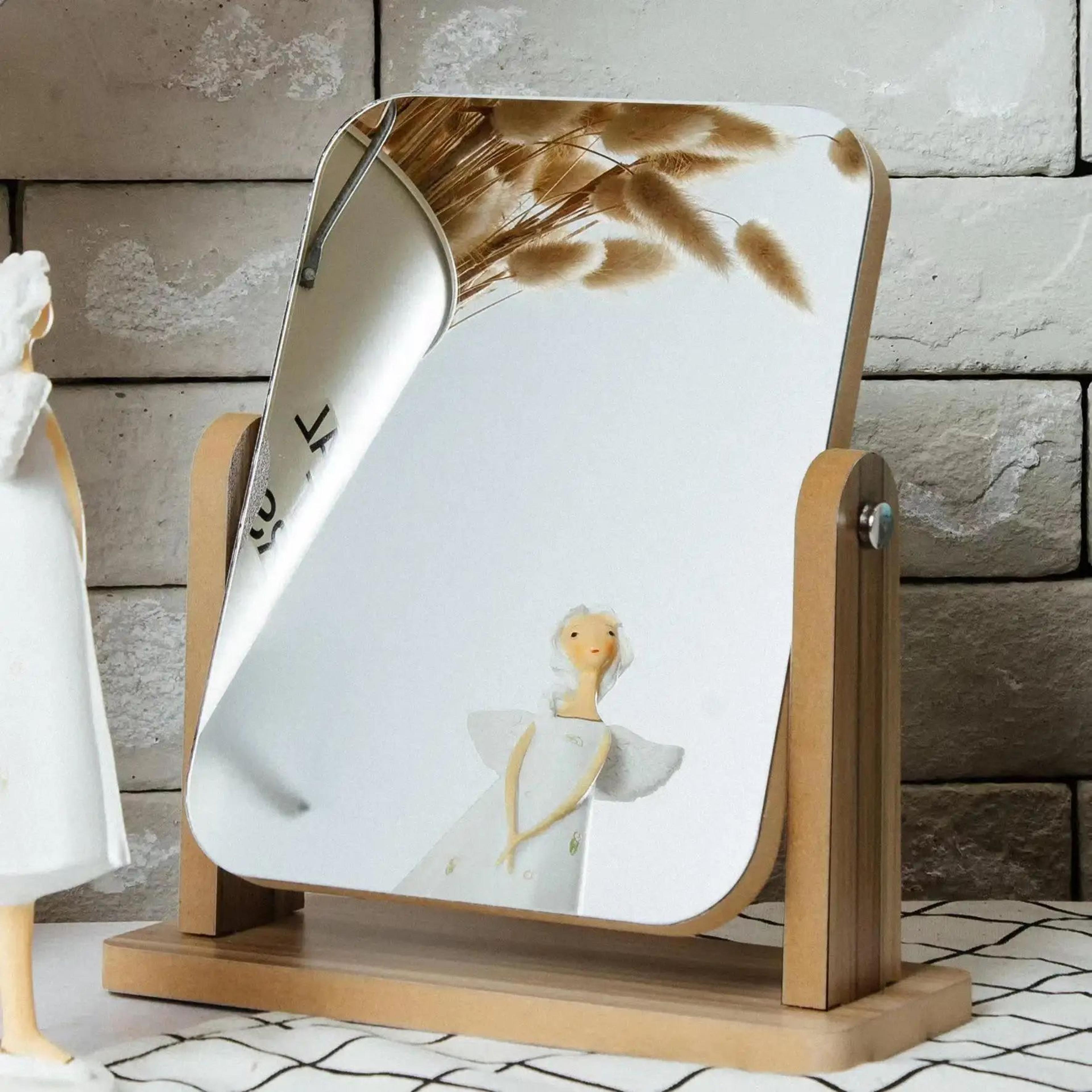 wooden desktop makeup mirror – rotating rectangle vanity mirror for makeup, skincare, dressing table & bedroom decor
