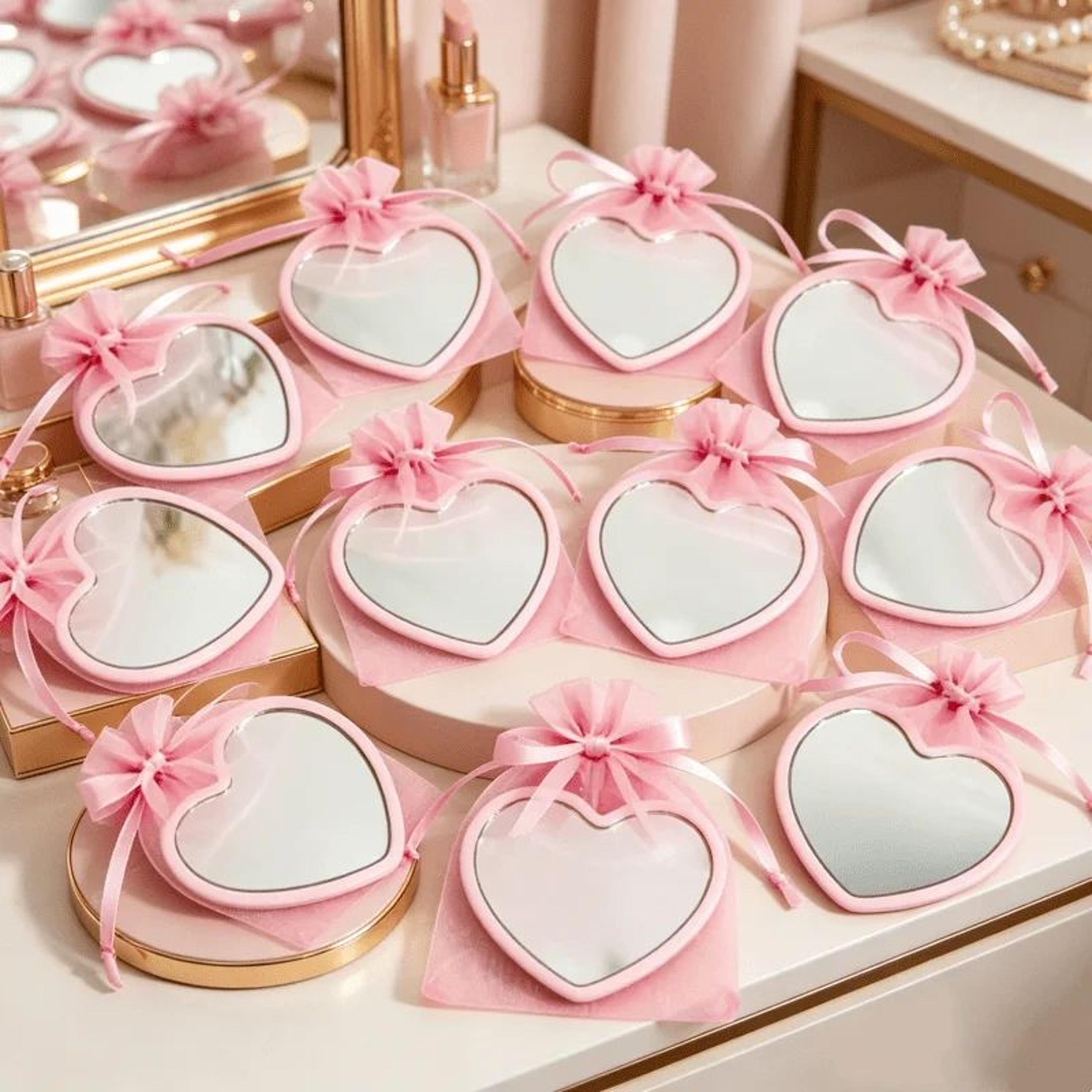 30pcs heart-shaped mini mirrors – portable compact handheld makeup mirrors with pink storage bag for travel gifts
