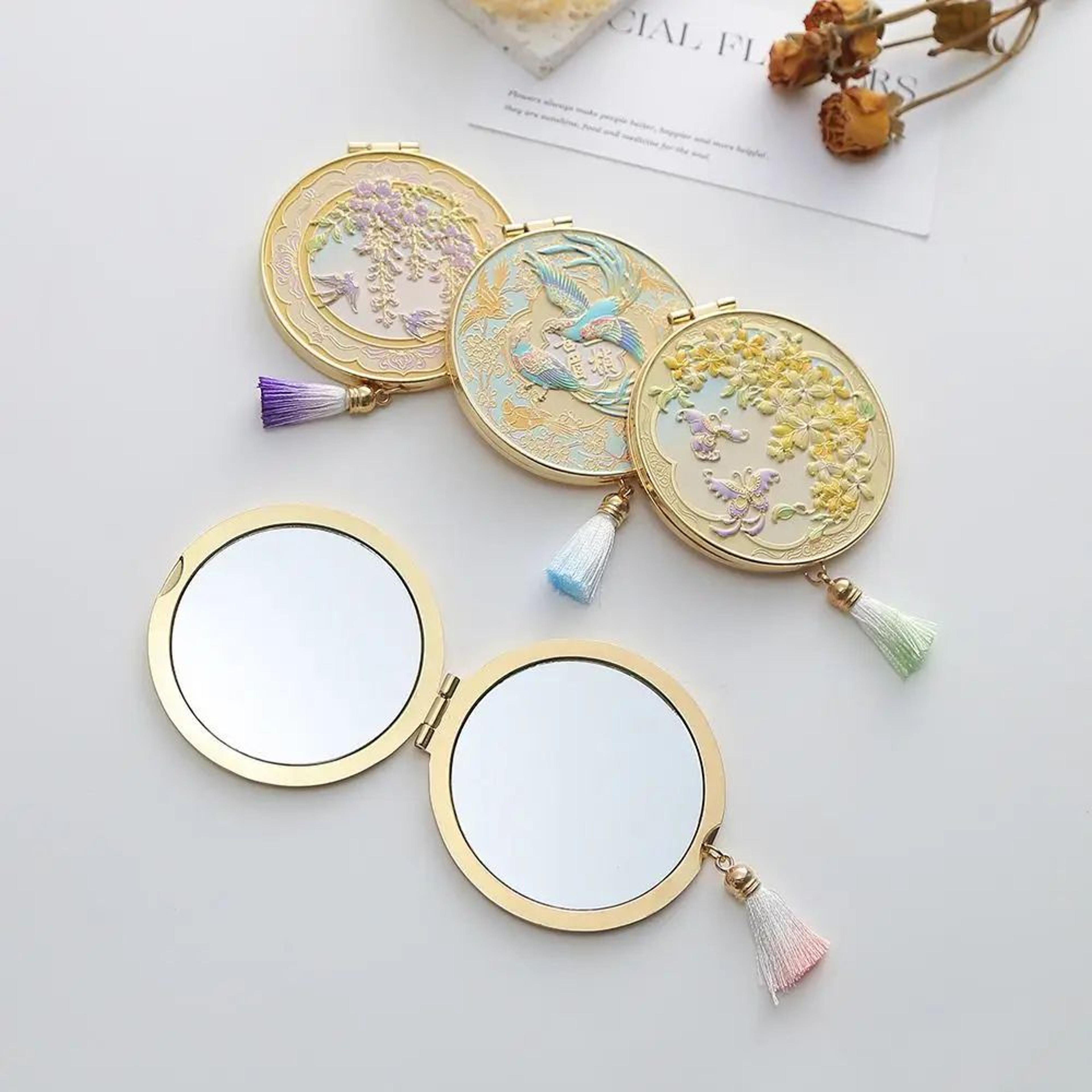 vintage metal folding makeup mirror – portable 2.99 in compact handheld cosmetic mirror for purse travel and gifts