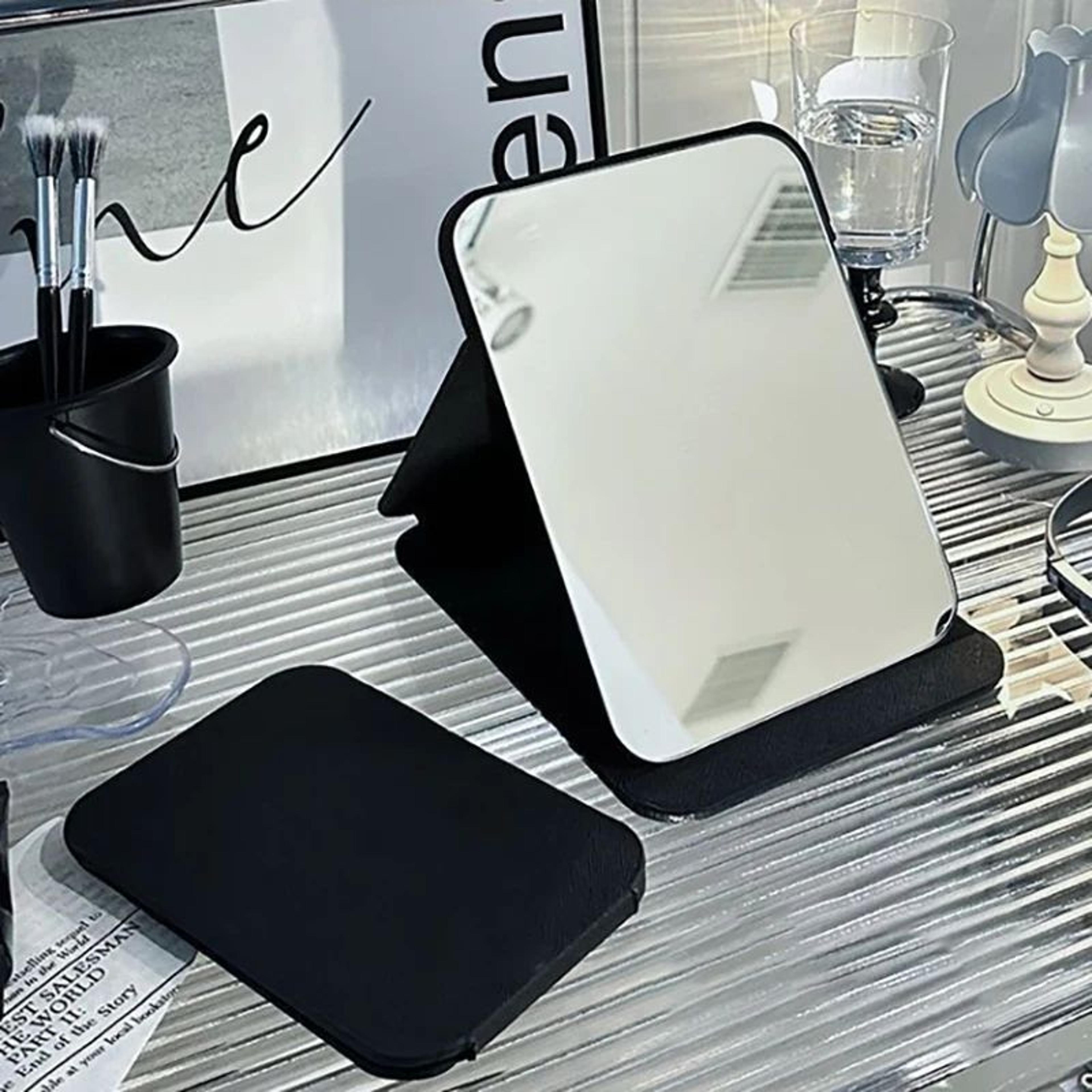portable pu leather folding makeup mirror – compact black desktop handheld vanity mirror for travel students and gifts
