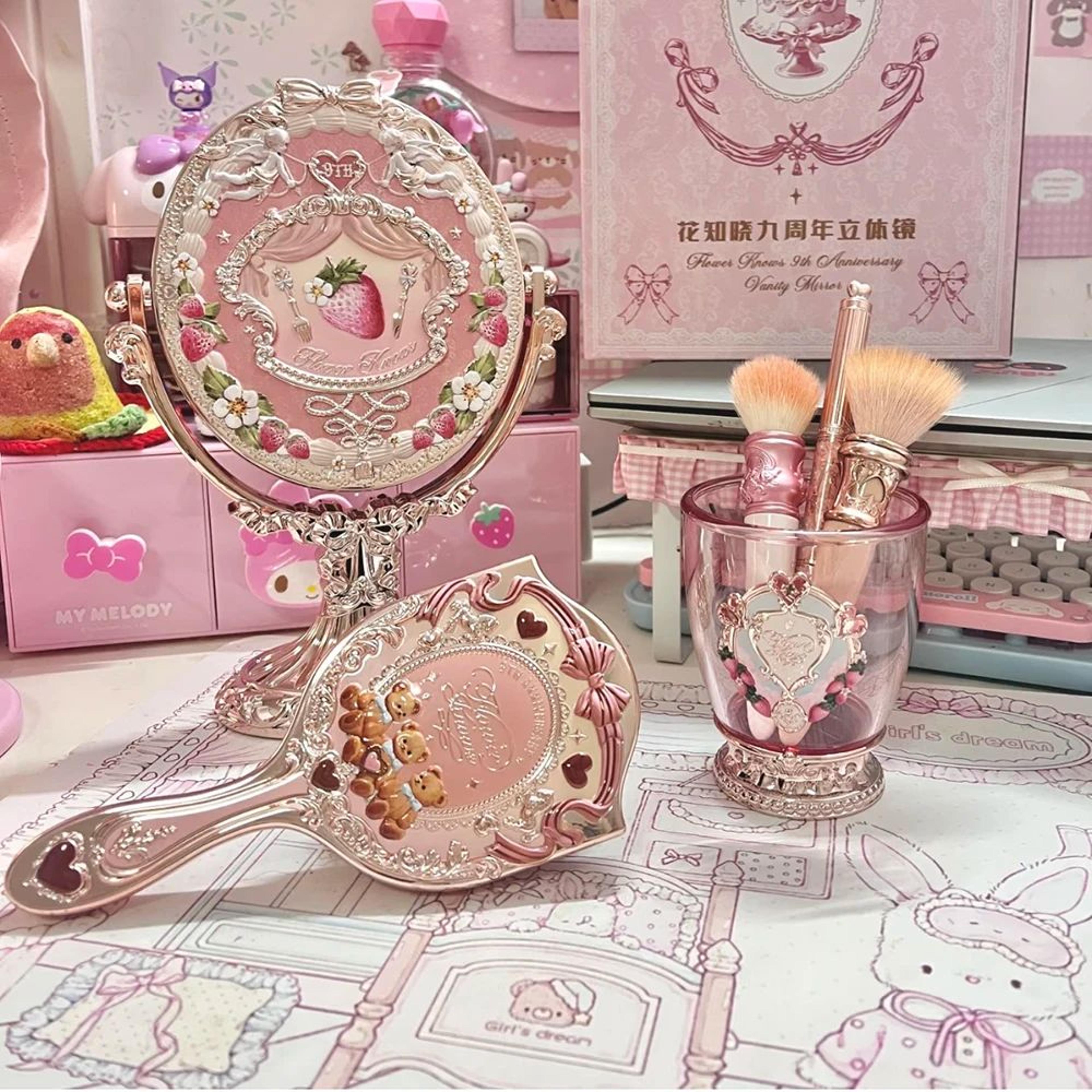 flower knows 9th anniversary vanity mirror – luxury makeup desk set with paddle hair brush & acrylic brush holder gift