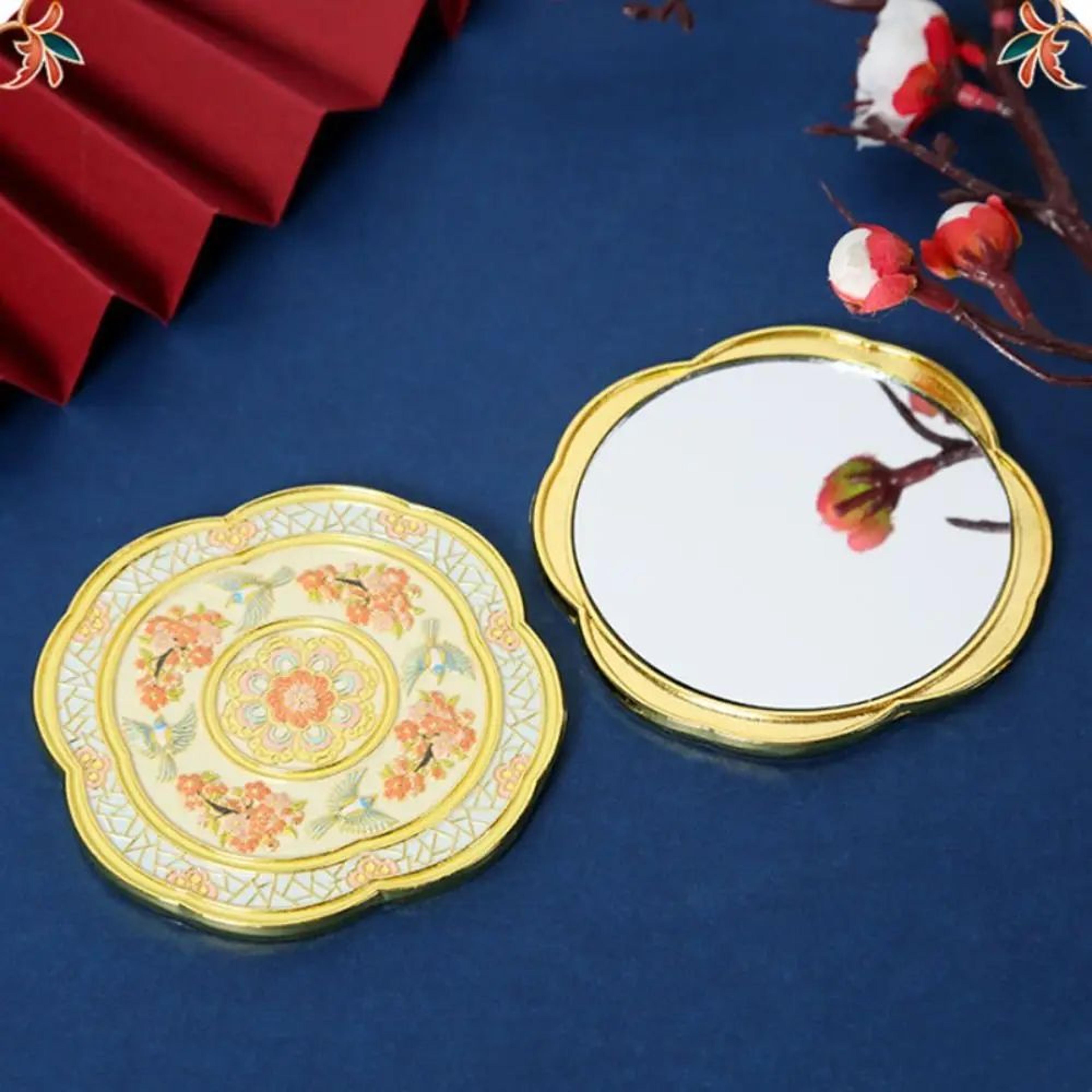 chinese style pocket mirror – embossed metal handheld makeup mirror with elegant floral pattern for travel gifts