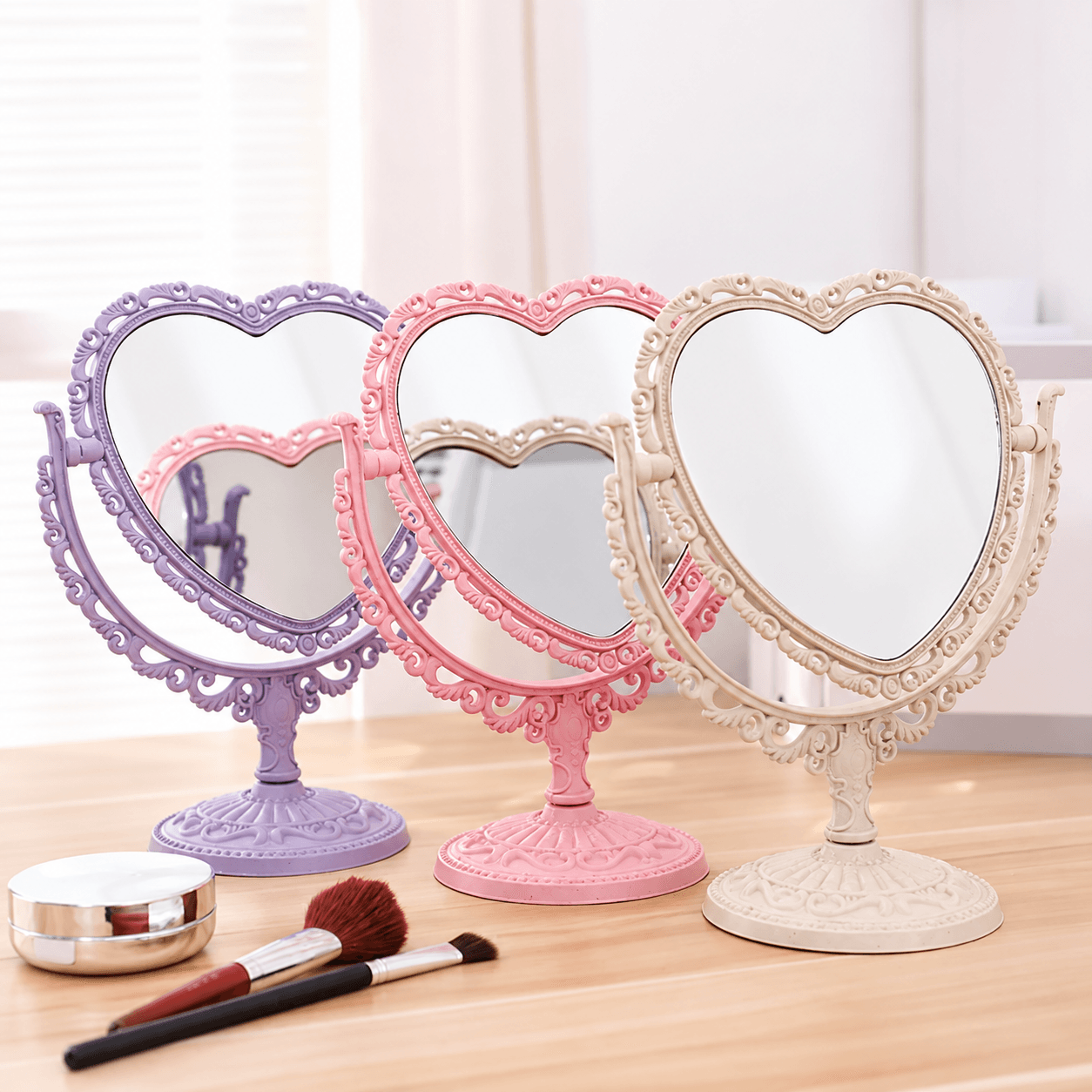 heart shaped double sided vanity mirror – portable desktop makeup mirror with magnifying glass & stable stand for women