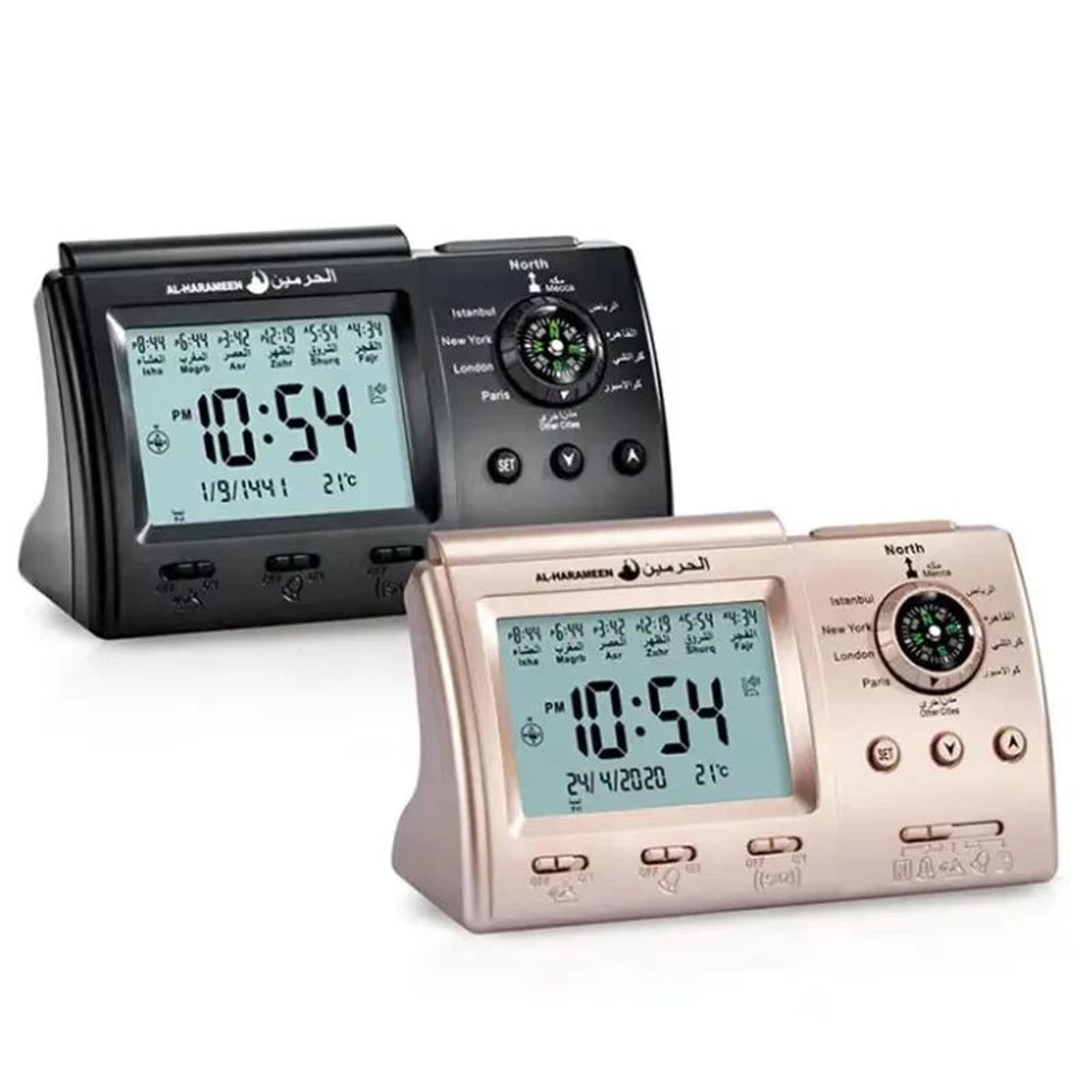 azan prayer clock – 1500 city athan adhan table clock with qibla compass, hijri calendar, fajr alarm & muslim gift set