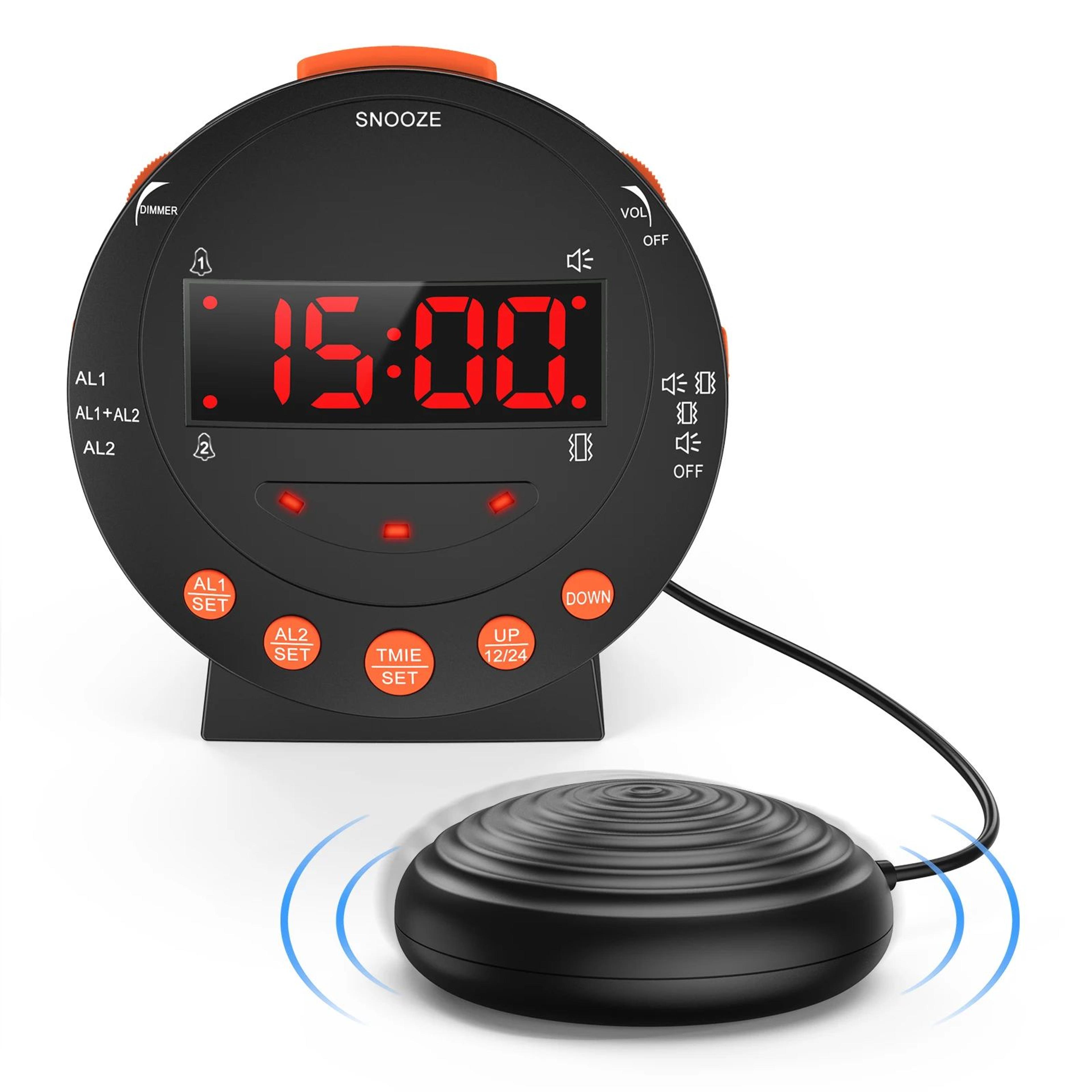 oria loud bed shaker alarm clock – vibrating dual alarm with flashing led, adjustable volume dimmer for heavy sleepers