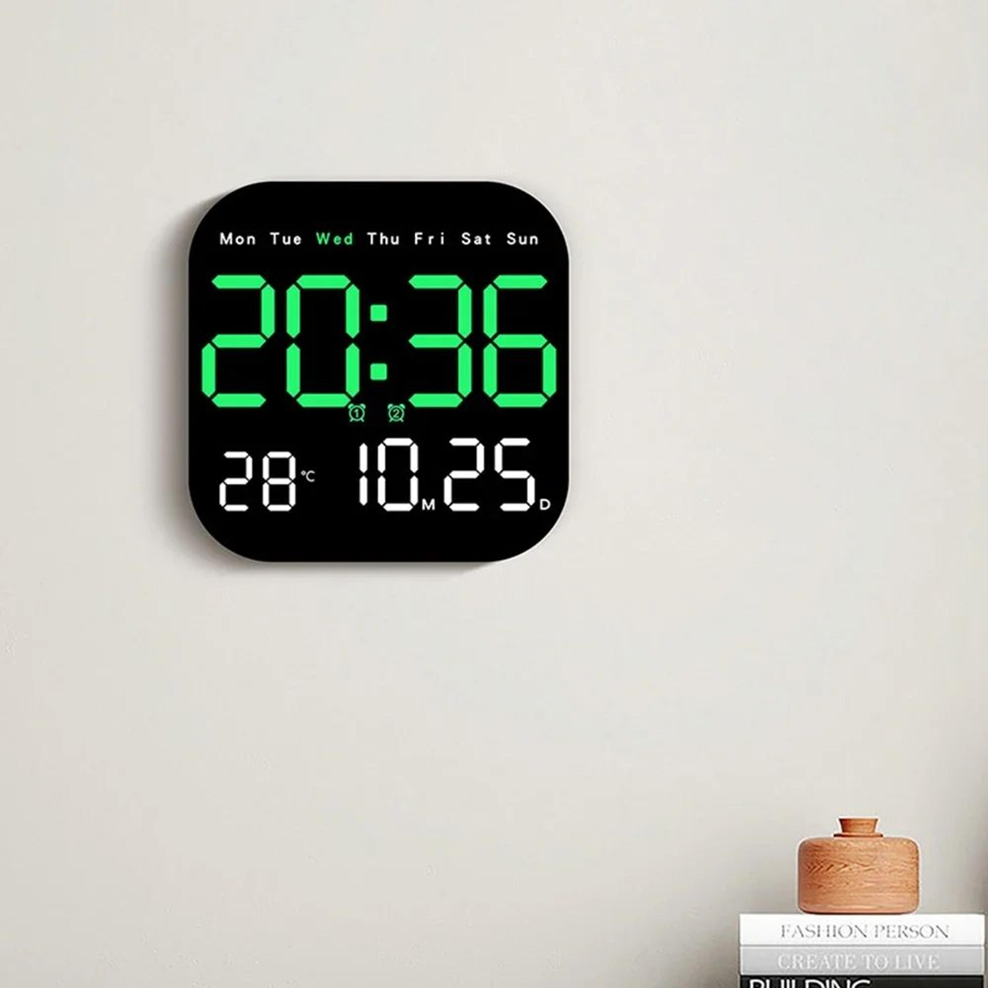 digital led wall clock – 7.28 in remote alarm clock with temperature, date, week display, 10-level brightness