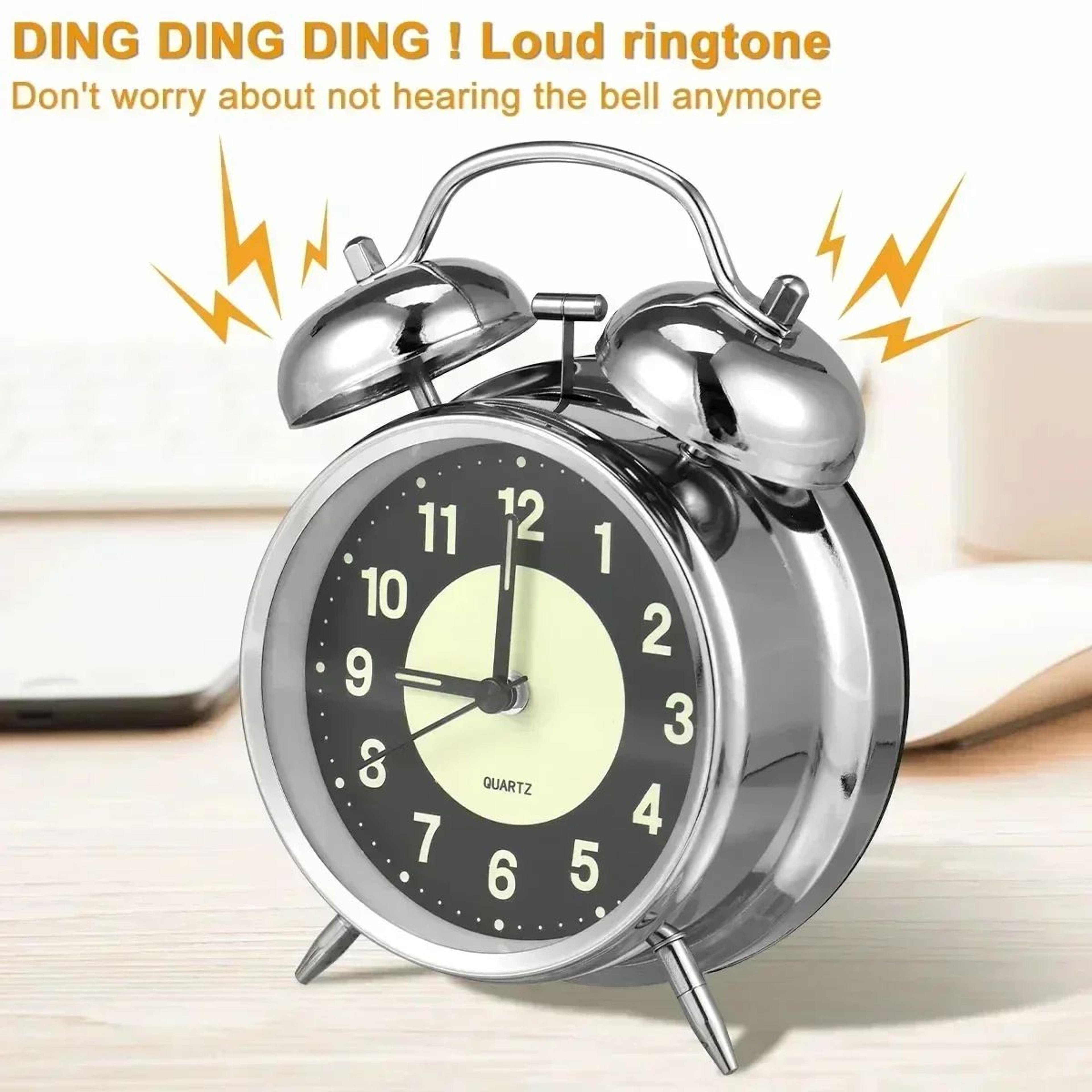 extra loud twin bell alarm clock – 4.72 in retro silent non ticking metal bedside clock with night light for heavy sleep