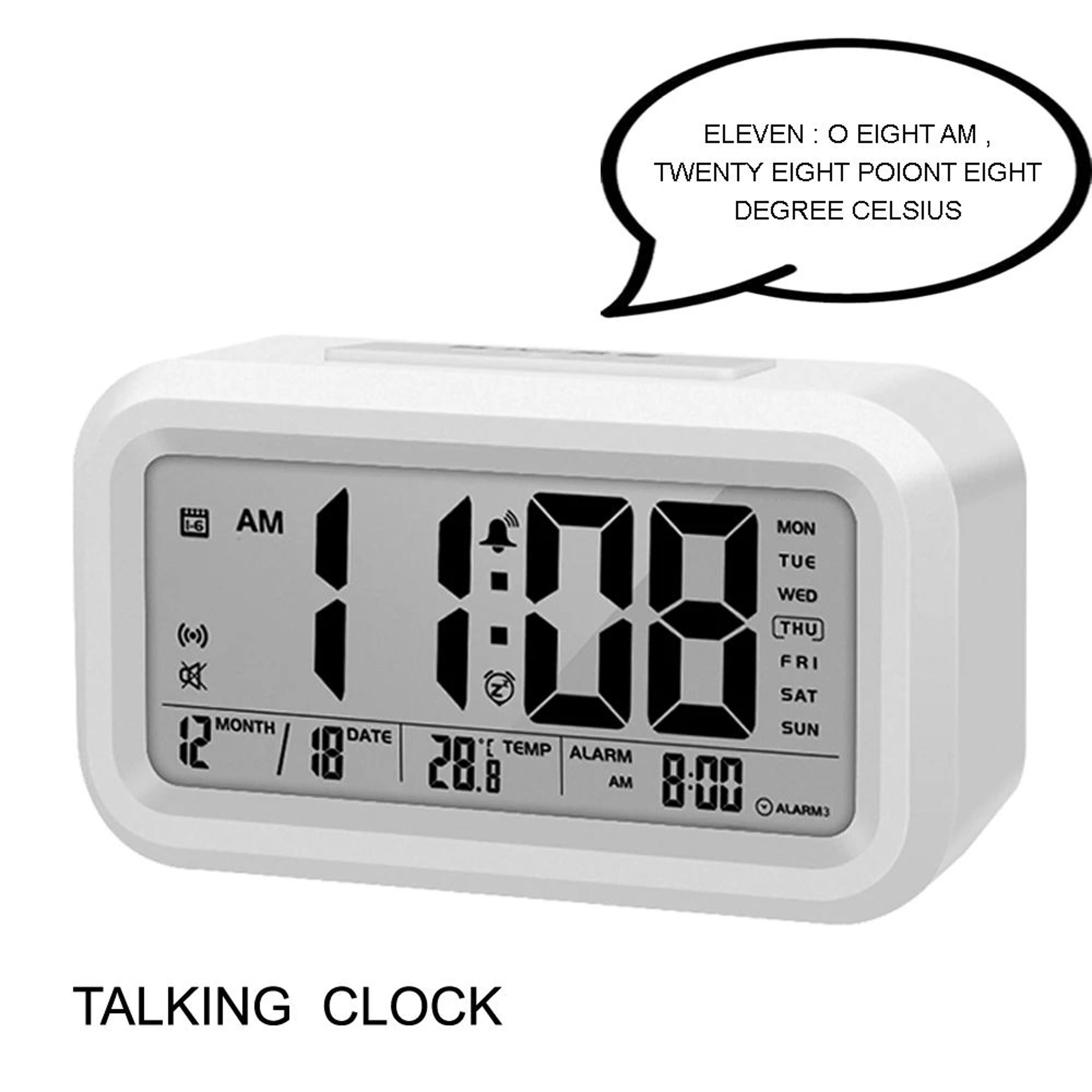 english talking digital alarm clock – voice time temperature calendar snooze bedroom clock