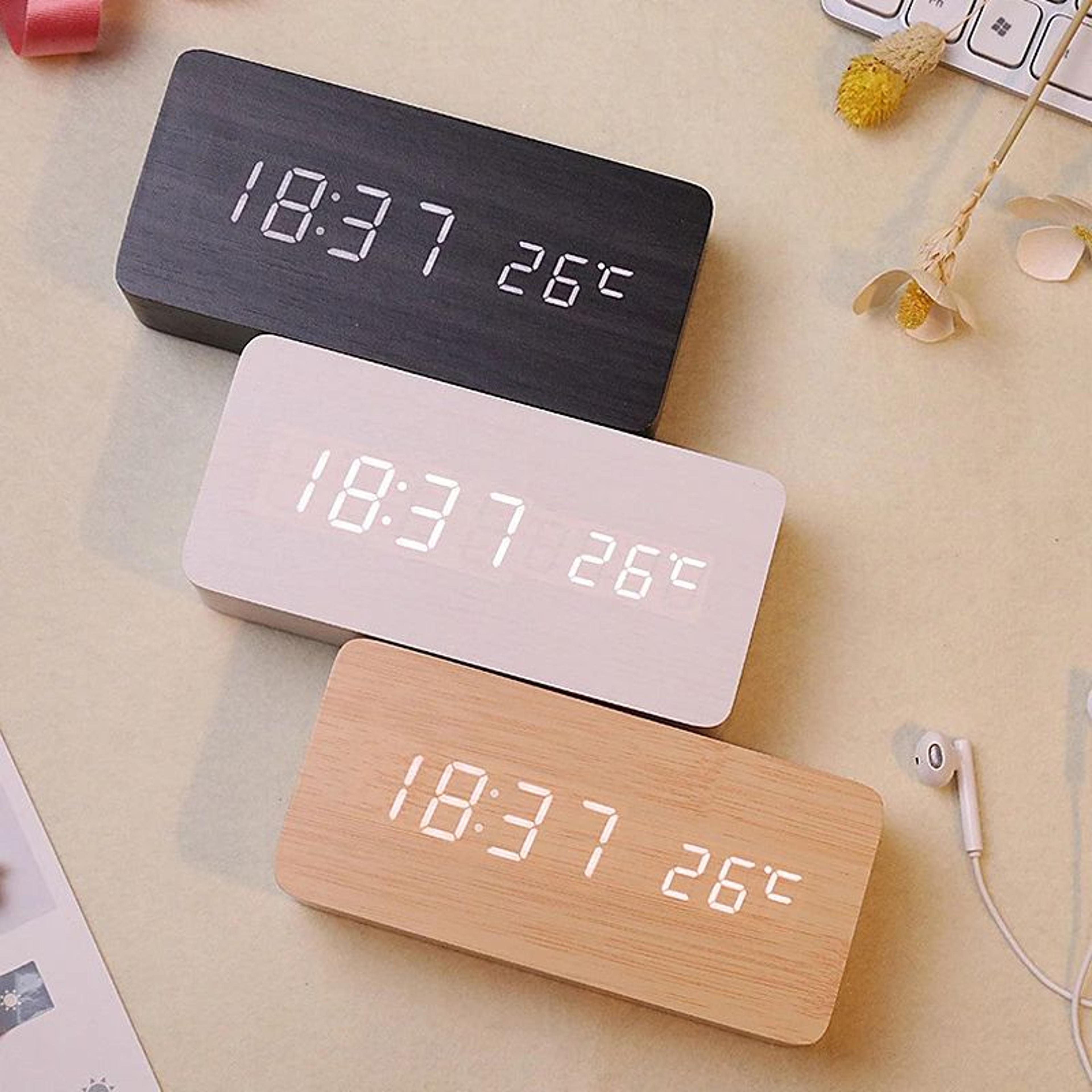 led digital alarm clock – usb/aaa powered wooden desktop clock with voice control display for bedroom office table decor