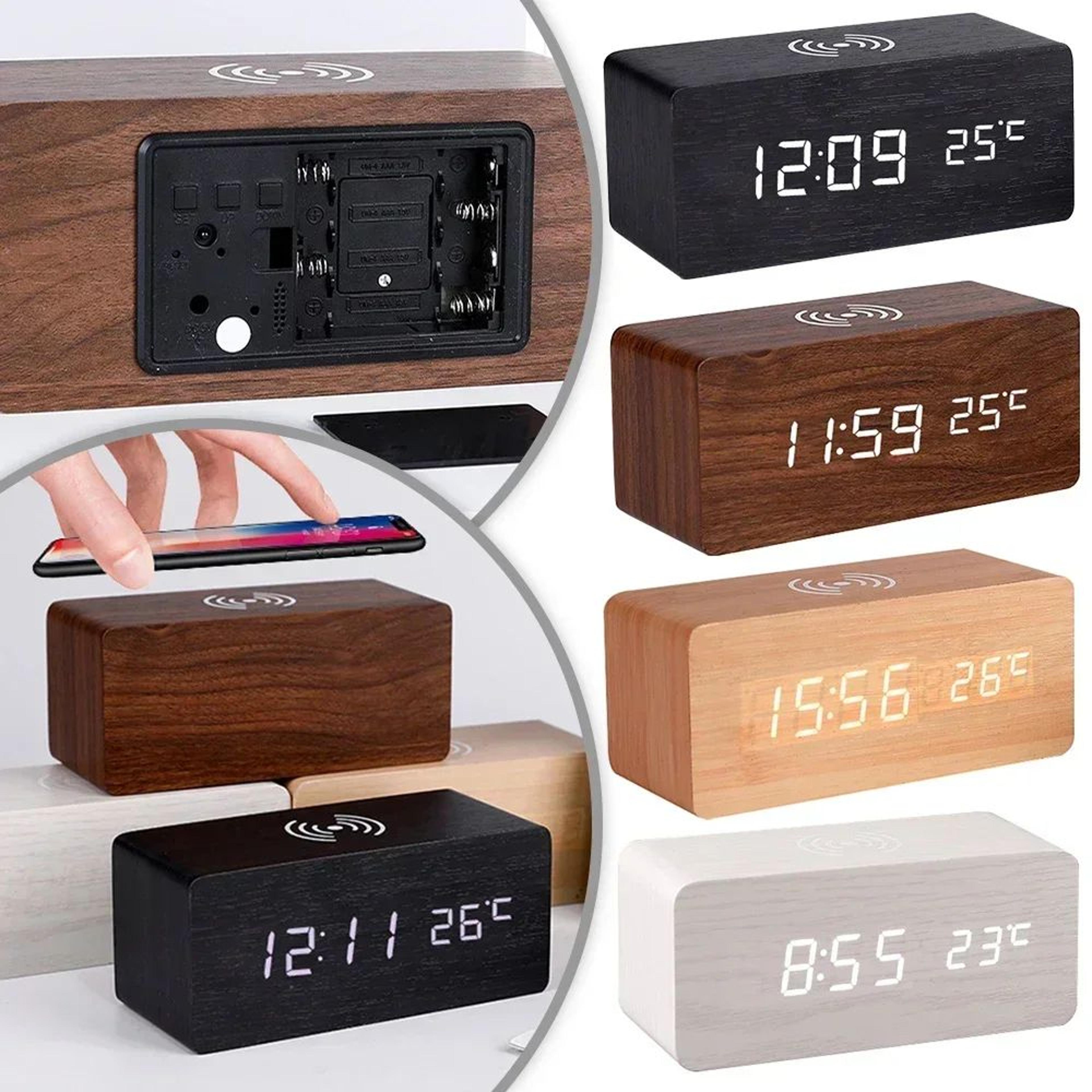 wooden led alarm clock – qi wireless charging digital desk clock with thermometer, 3 alarms & adjustable brightness
