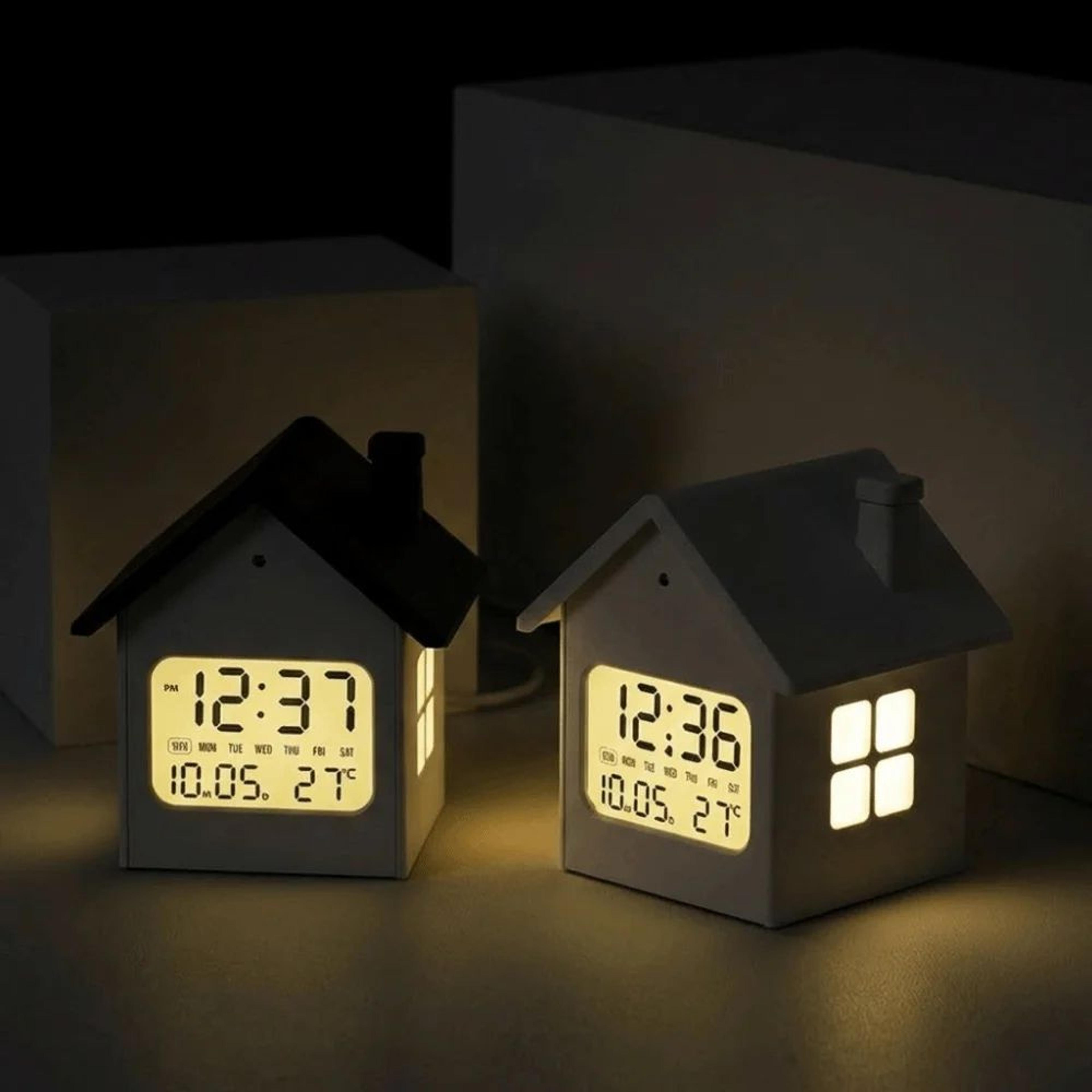 house shape digital alarm clock – lcd time date week temperature display with snooze soft backlight 12/24 hr