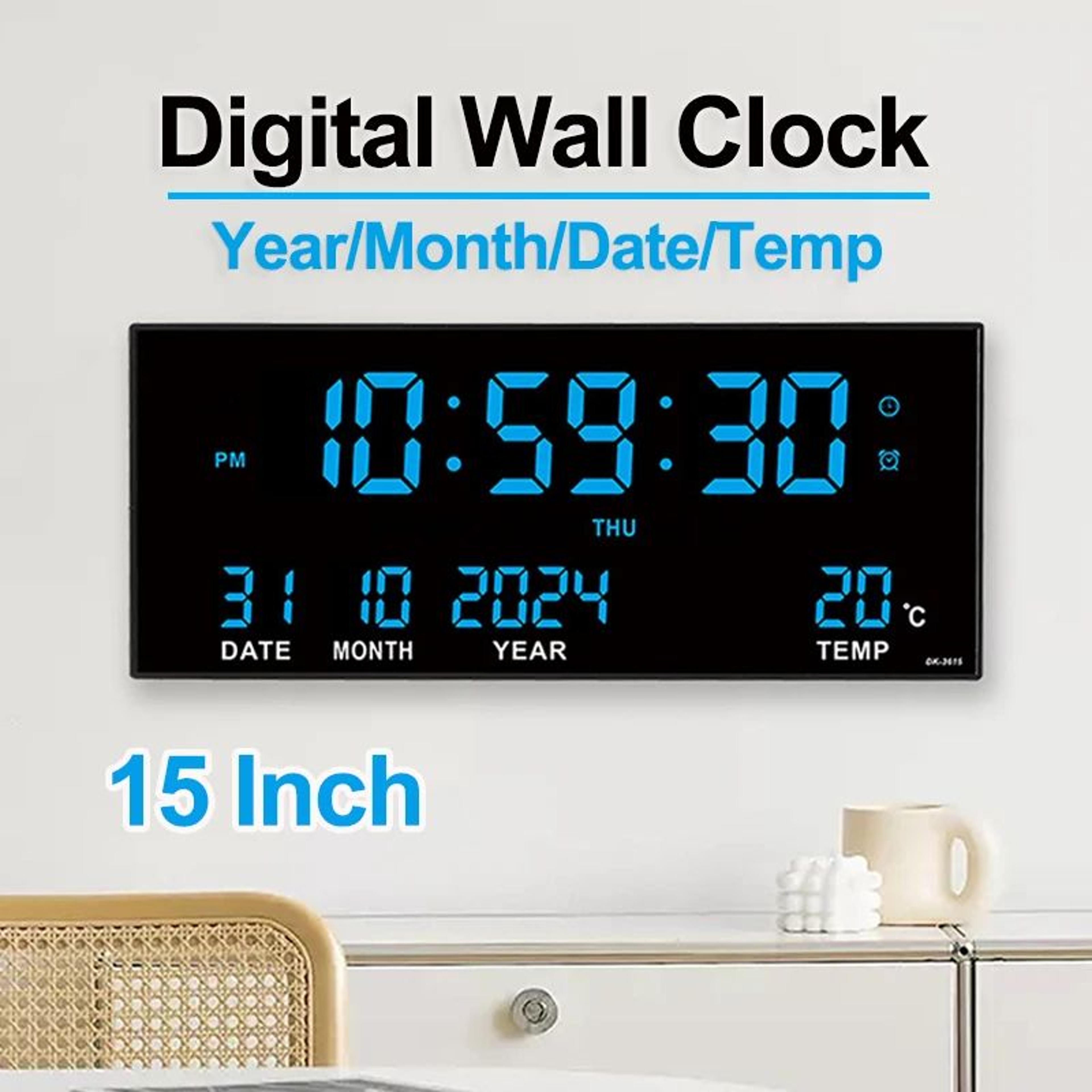 digital large wall clock – 14 in led calendar display with temperature date week & 8 daily alarms for home office